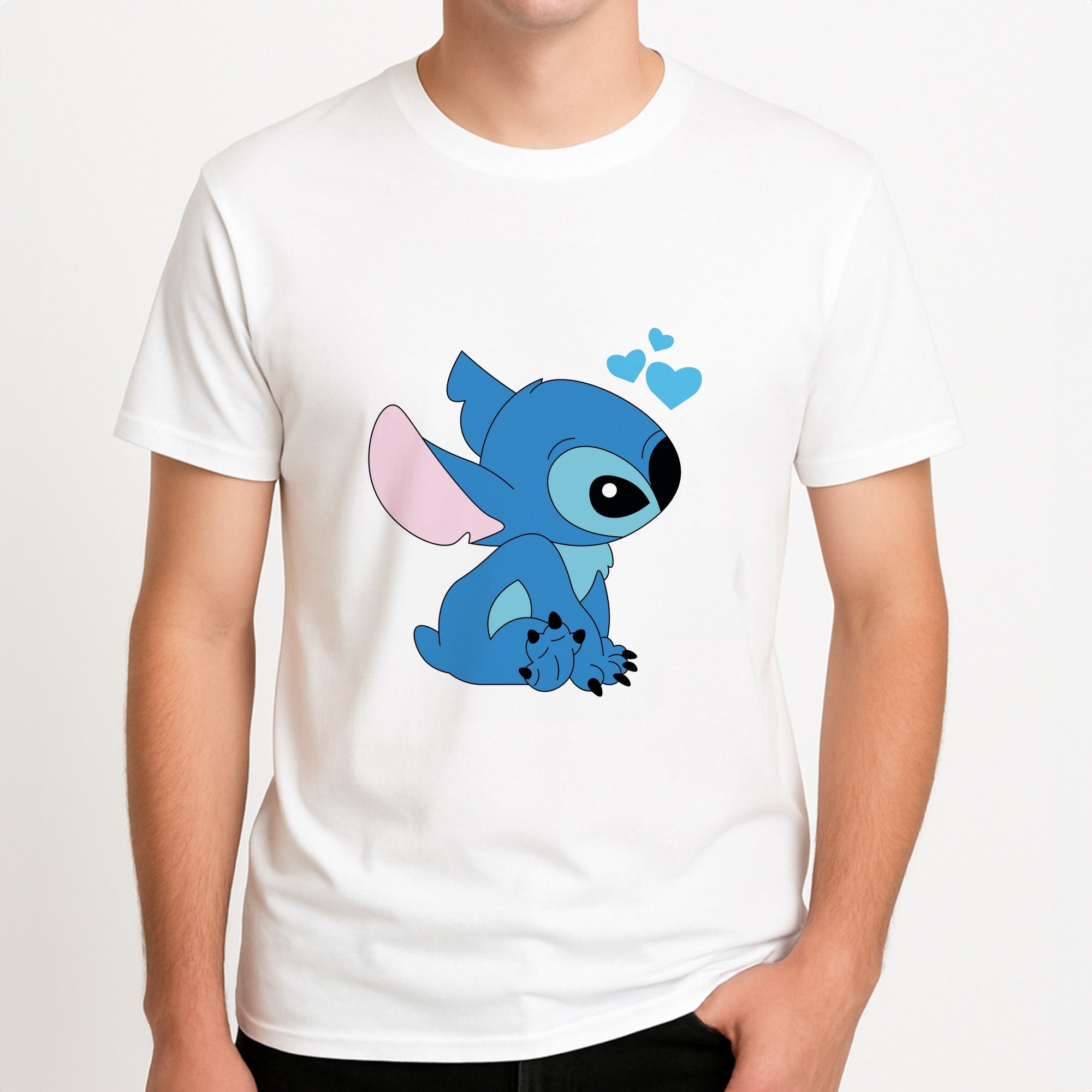 Blue Hearts Alien Blue Valentine's Unisex T-Shirt, worn by a male model.