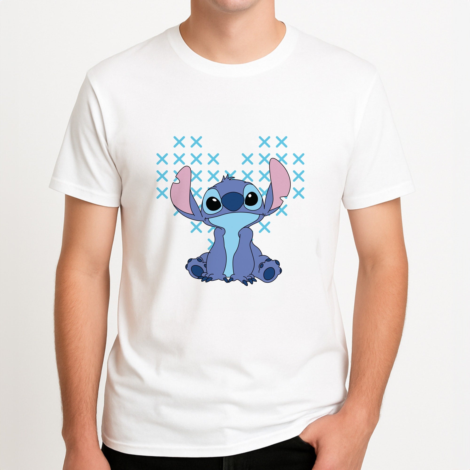 Blue Alien Hearts Unisex T-Shirt, worn by a male model.