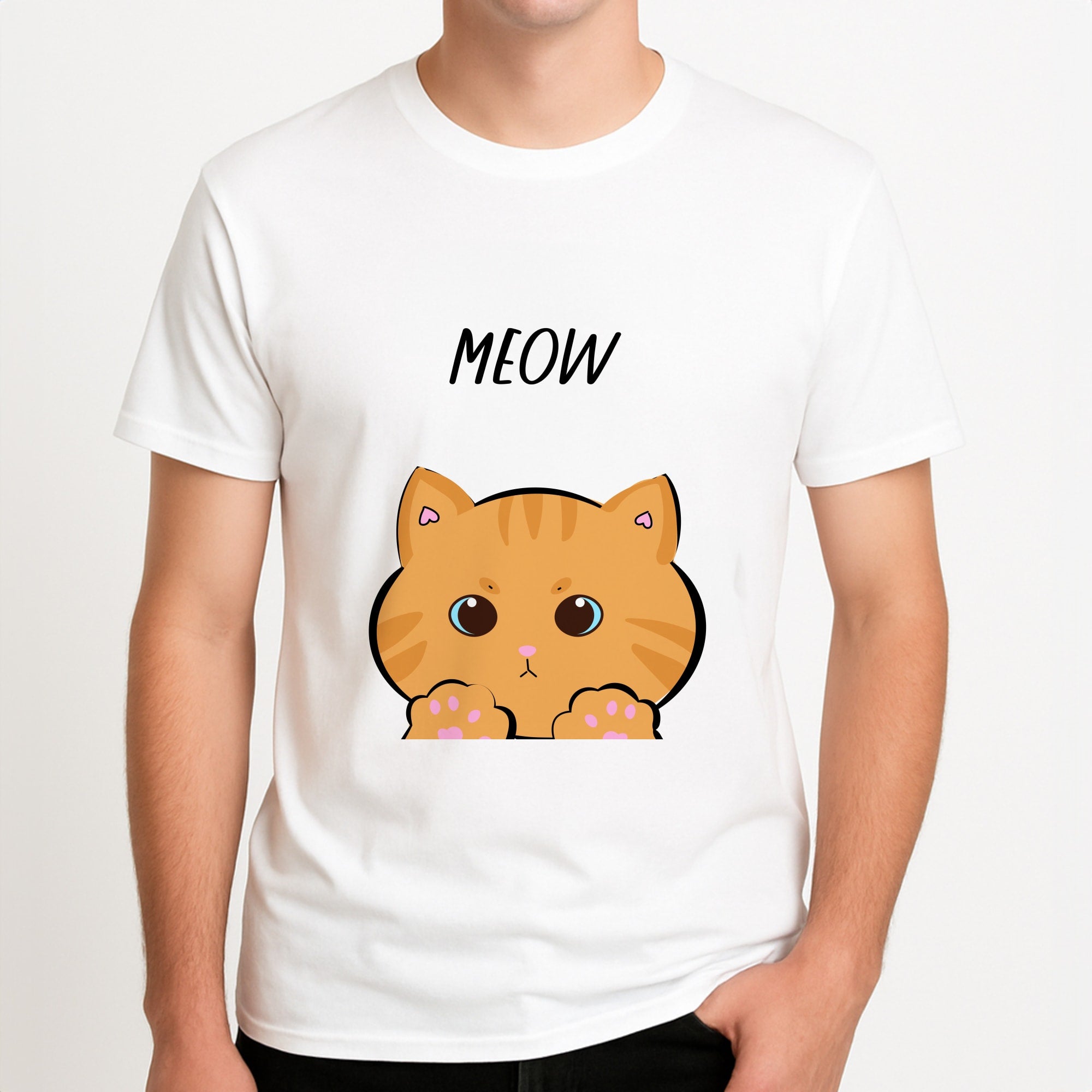 Ginger Cat - Cats Unisex T-Shirt, worn by a male model.