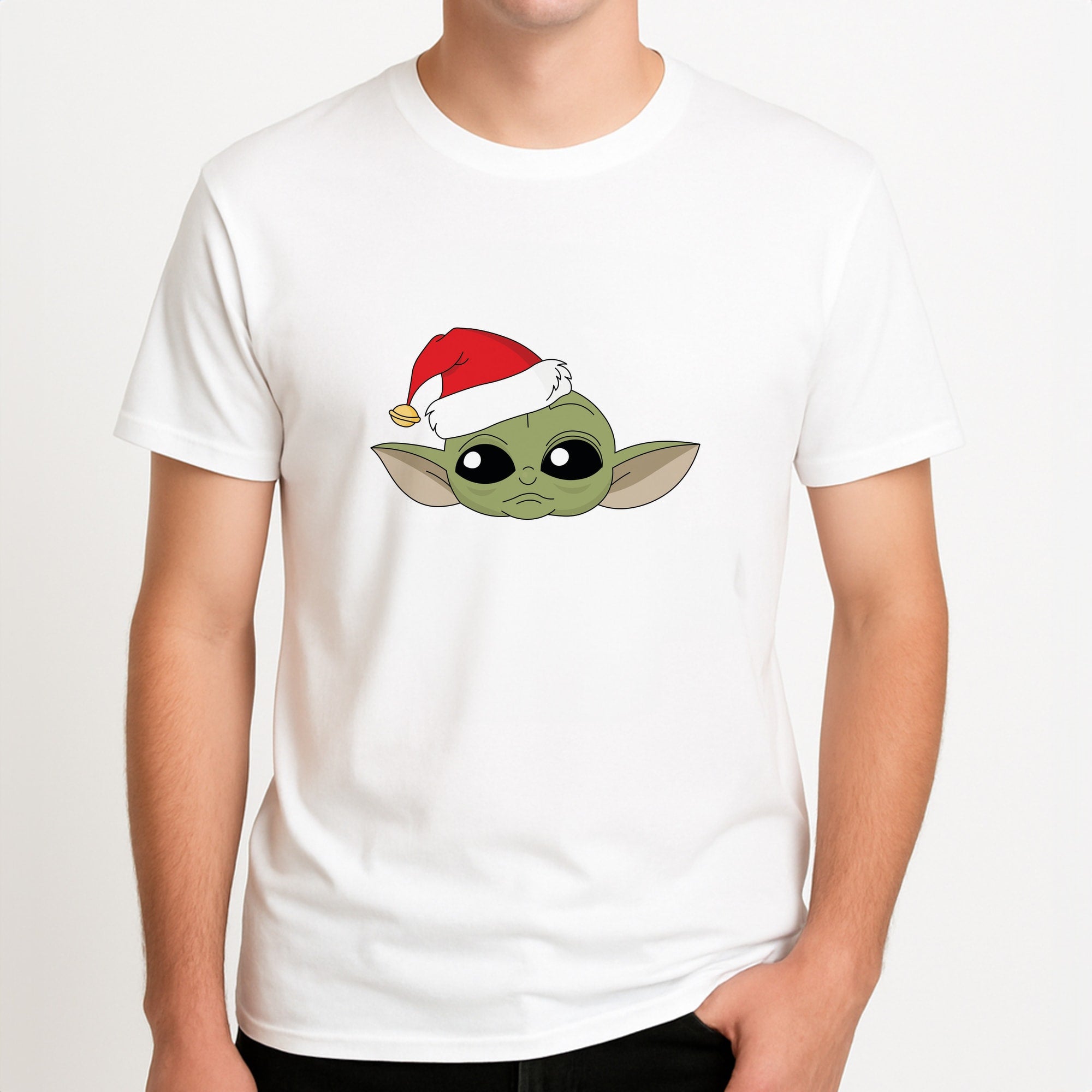 Baby Yoda Christmas Pattern Unisex T-Shirt, worn by a male model.