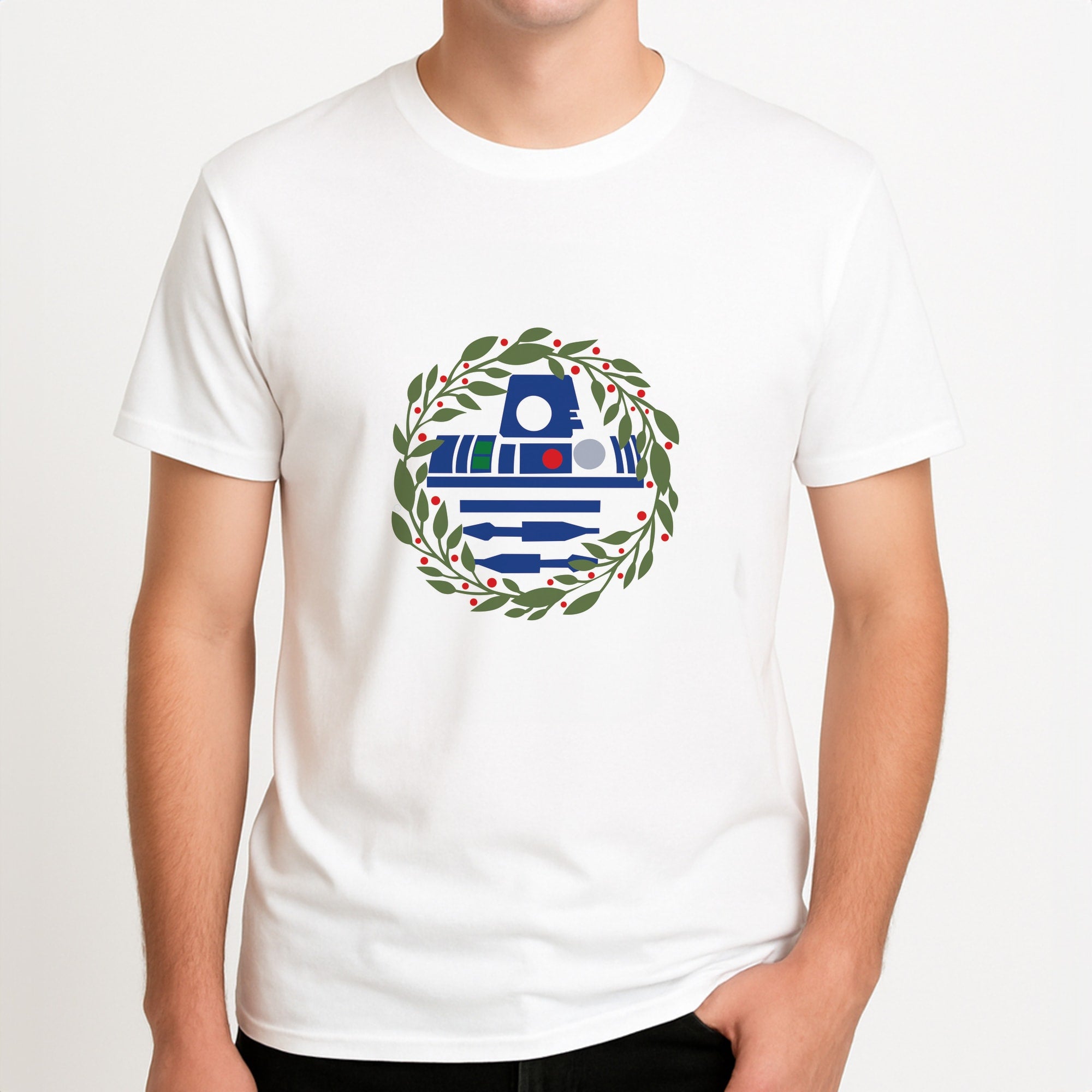 R2D2 Christmas Wreath Unisex T-Shirt, worn by a male model.