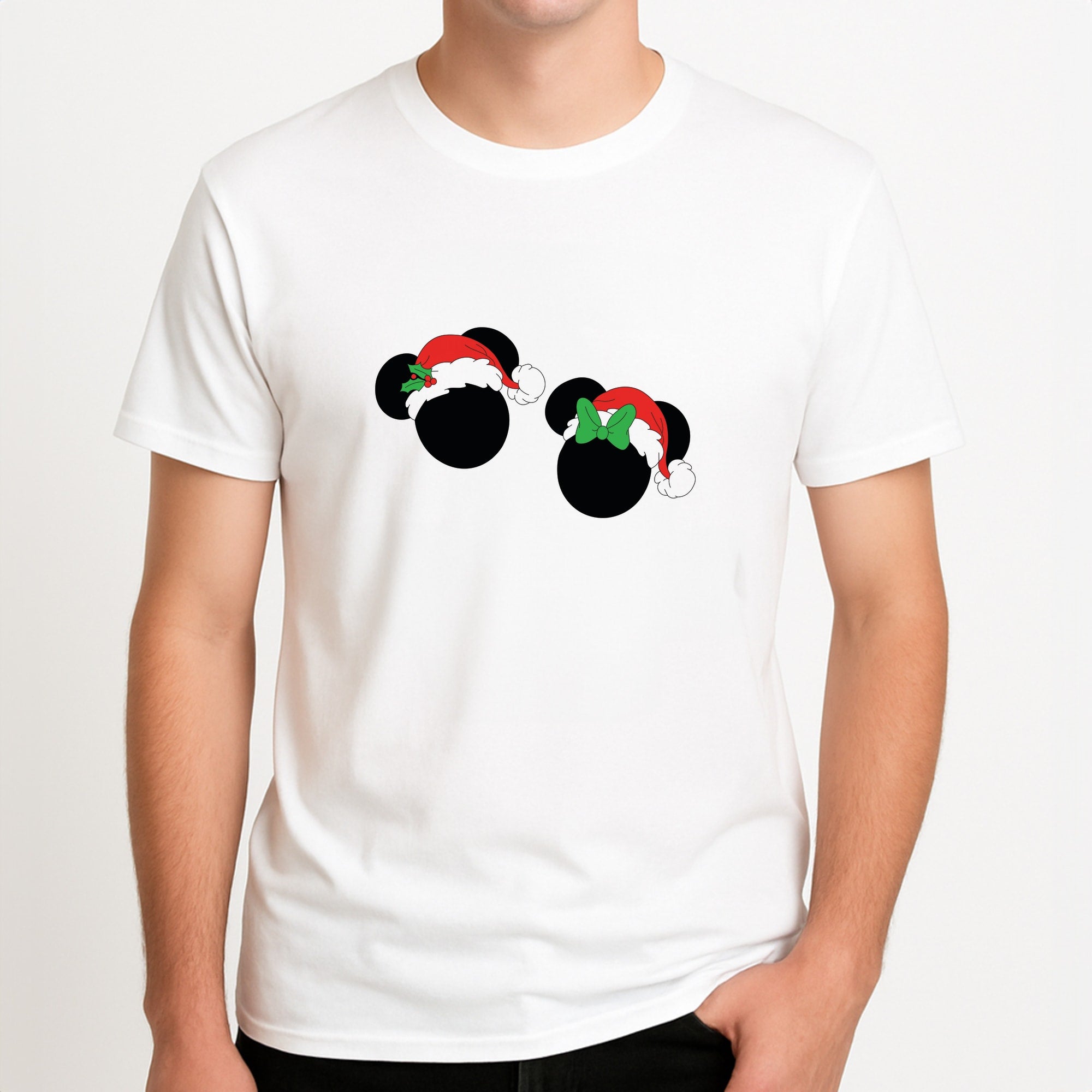 Festive Mice Christmas Unisex T-Shirt, worn by a male model.