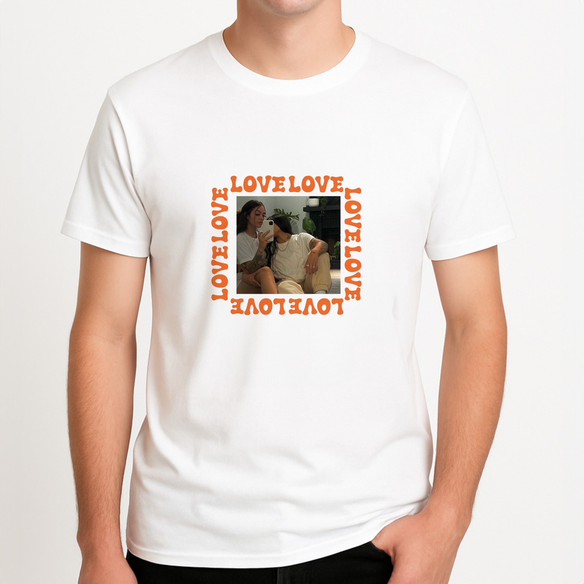 Love, Love, Love - Personalised Couples Unisex T-Shirt, worn by a male model.