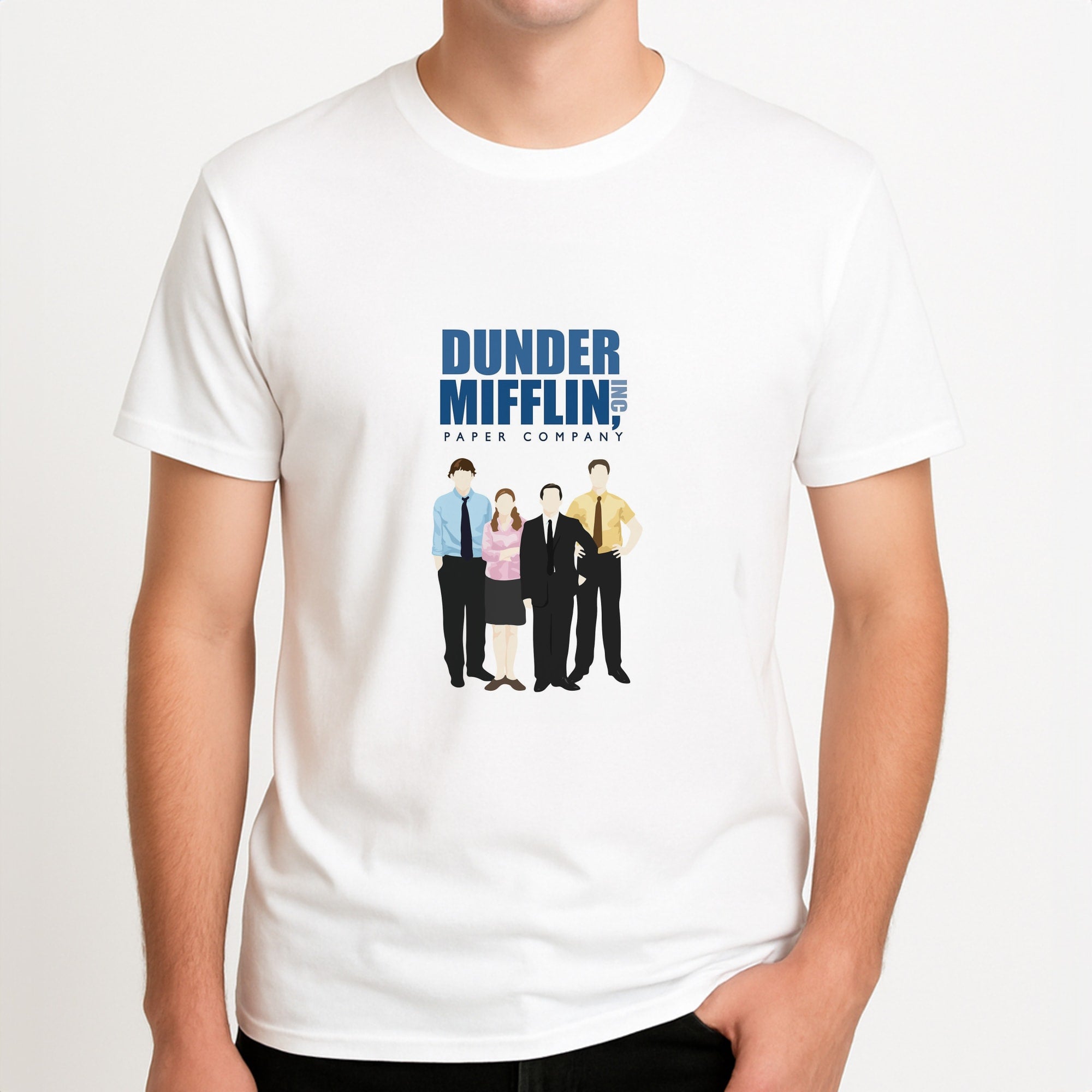 Office Cartoon - Dunder Mifflin Unisex T-Shirt, worn by a male model.