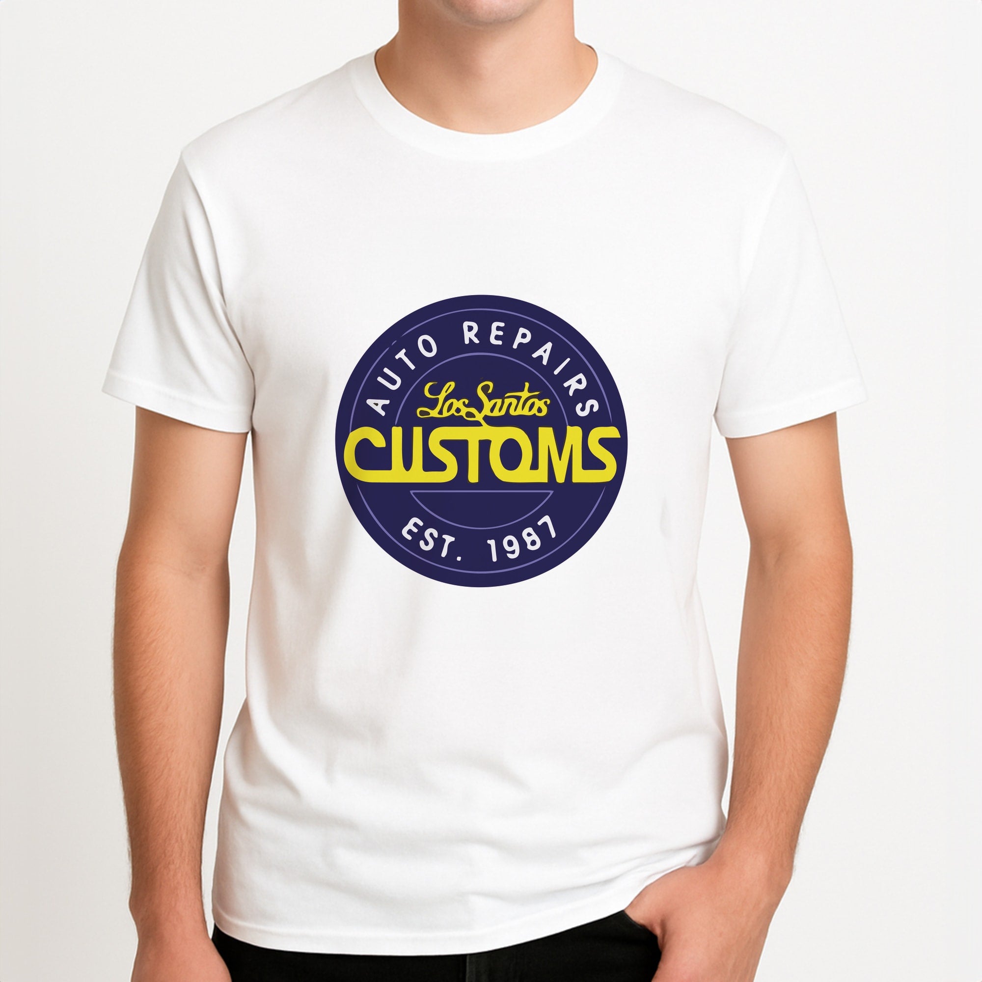 Los Santos Customs - Video Game Unisex T-Shirt, worn by a male model.