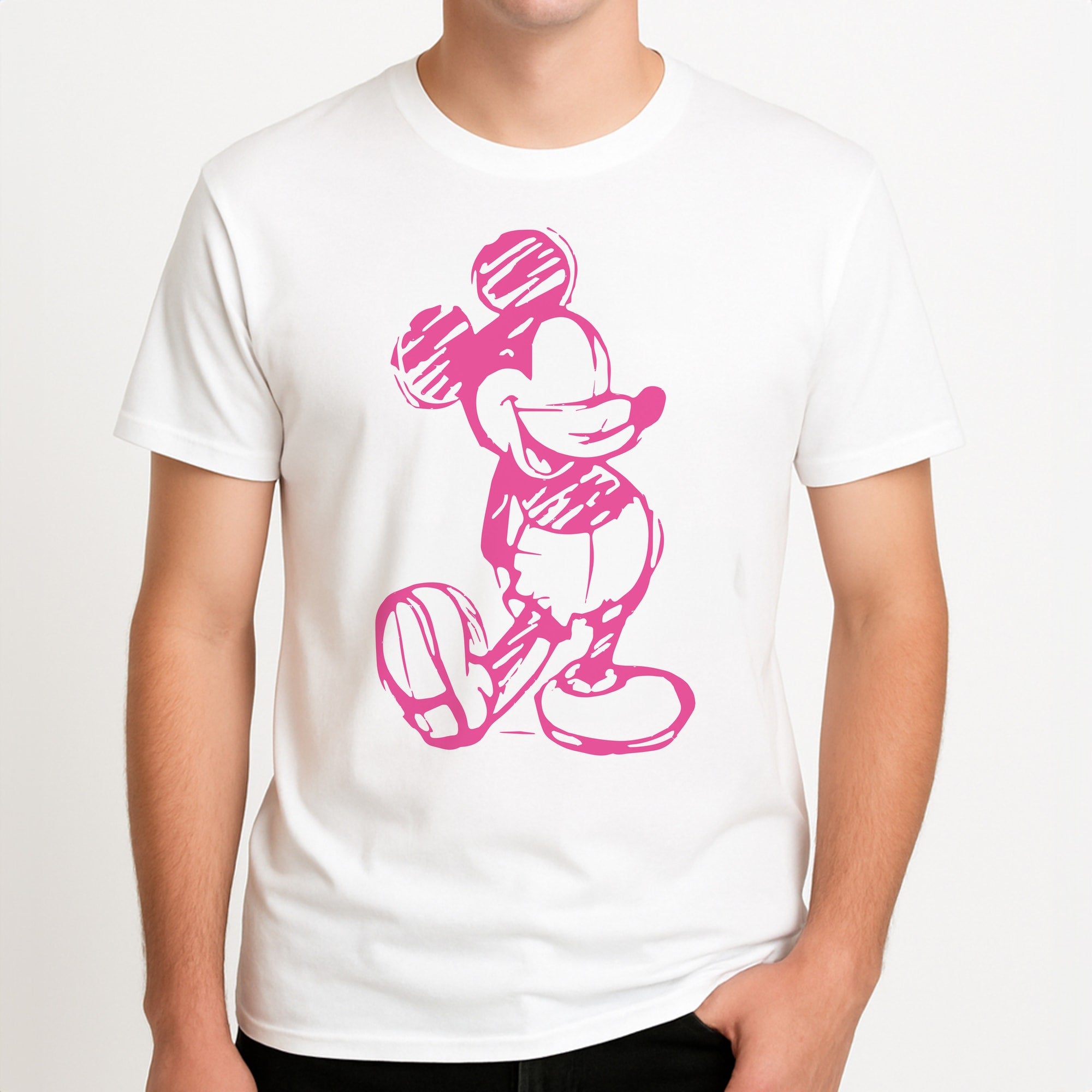 Sketched Mouse Outline Pink Unisex T-Shirt, worn by a male model.