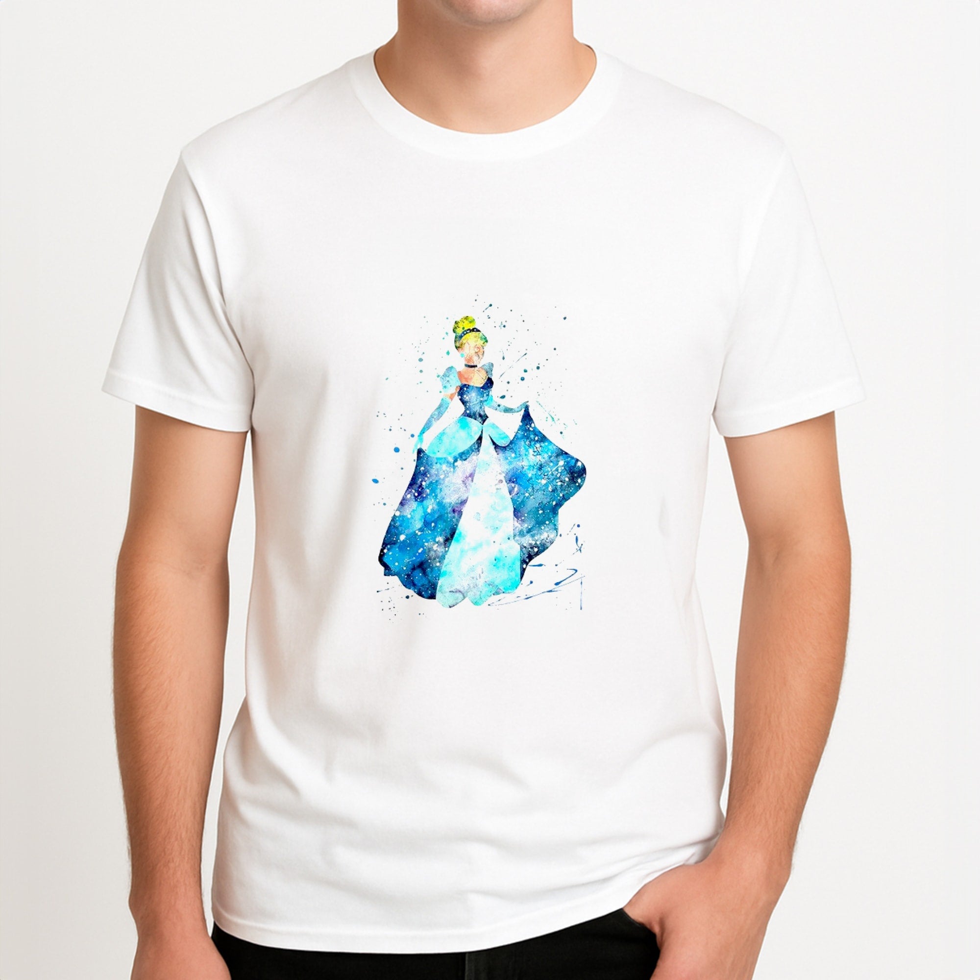 Watercolour Cinderella Fairytale Unisex T-Shirt, worn by a male model.
