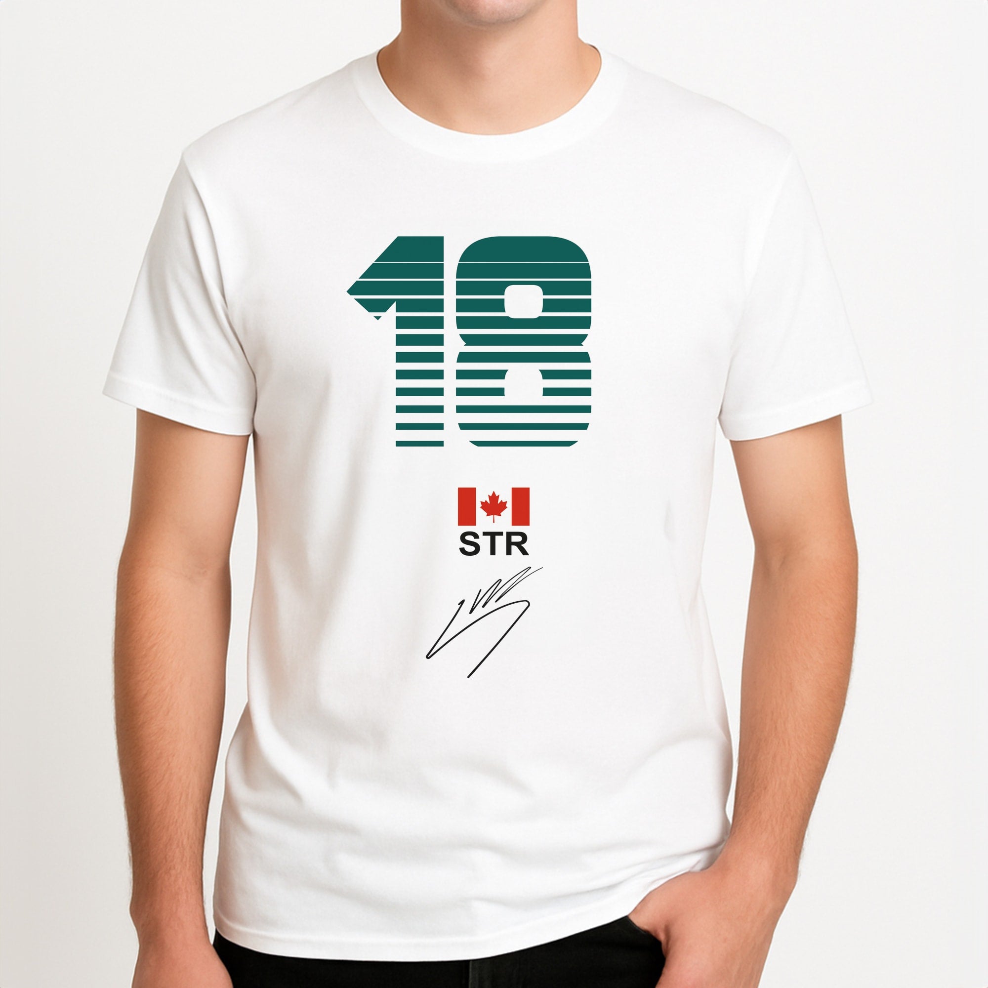 Stroll - F1 Unisex T-Shirt, worn by a male model.