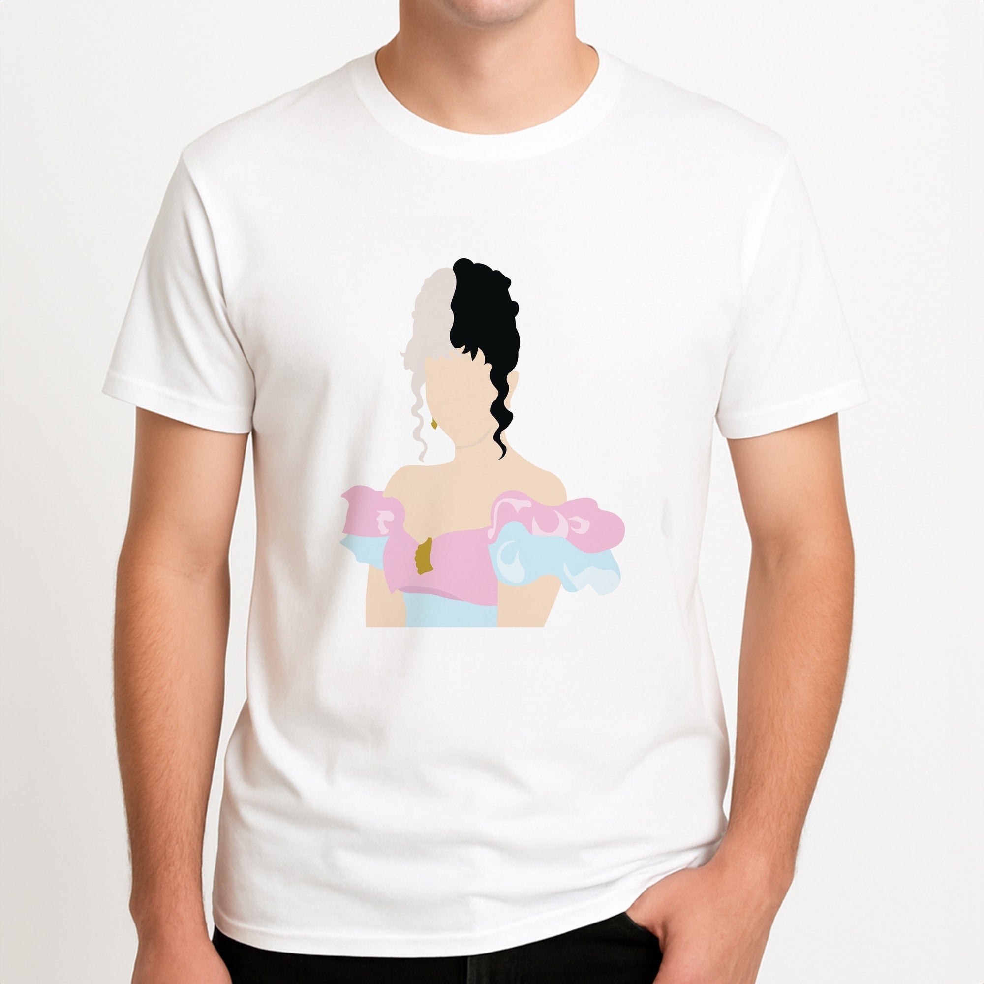 Blue And Pink Dress Unisex T-Shirt, worn by a male model.