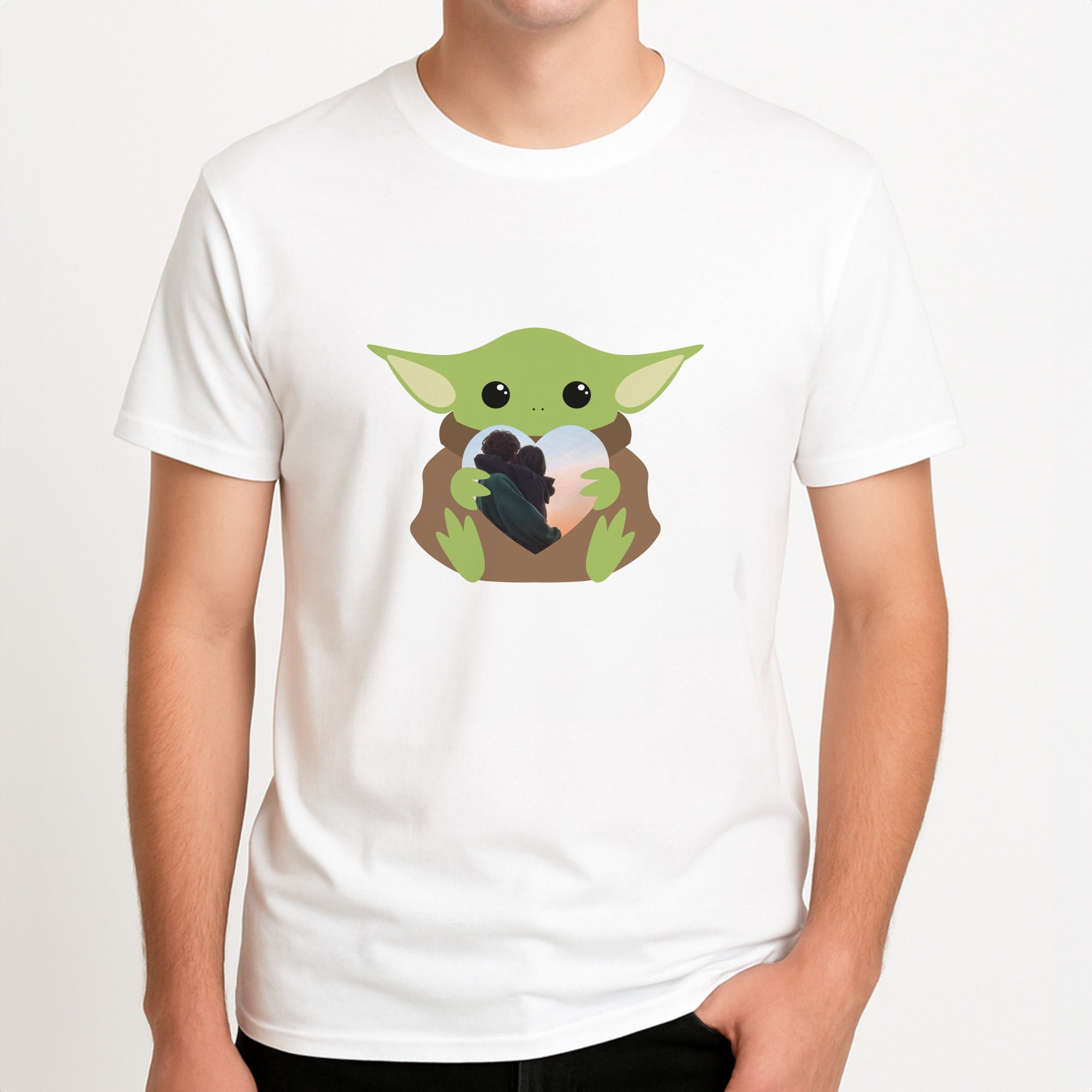 Baby Yoda - Personalised Couples Unisex T-Shirt, worn by a male model.