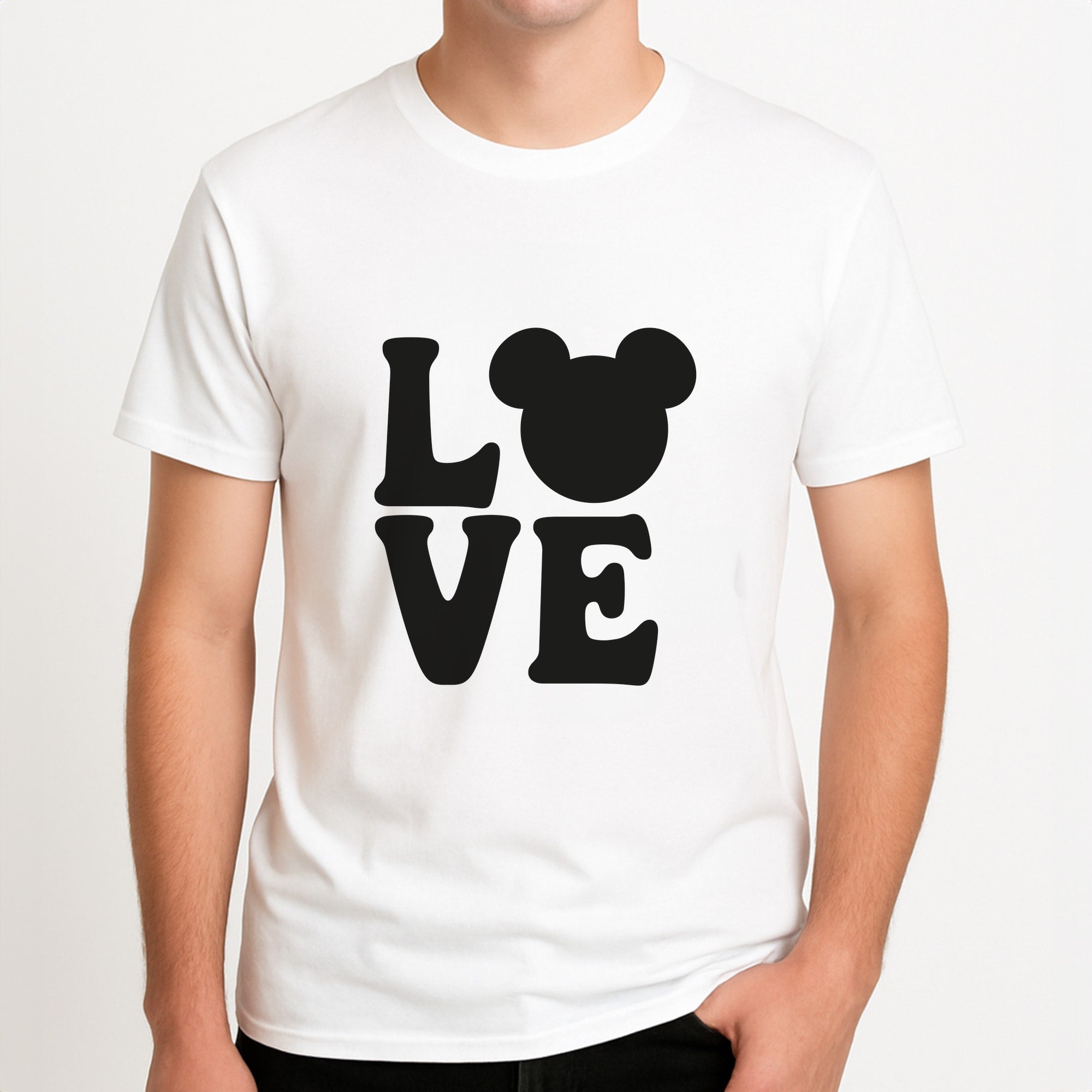 Mouse Love Valentine's Unisex T-Shirt, worn by a male model.