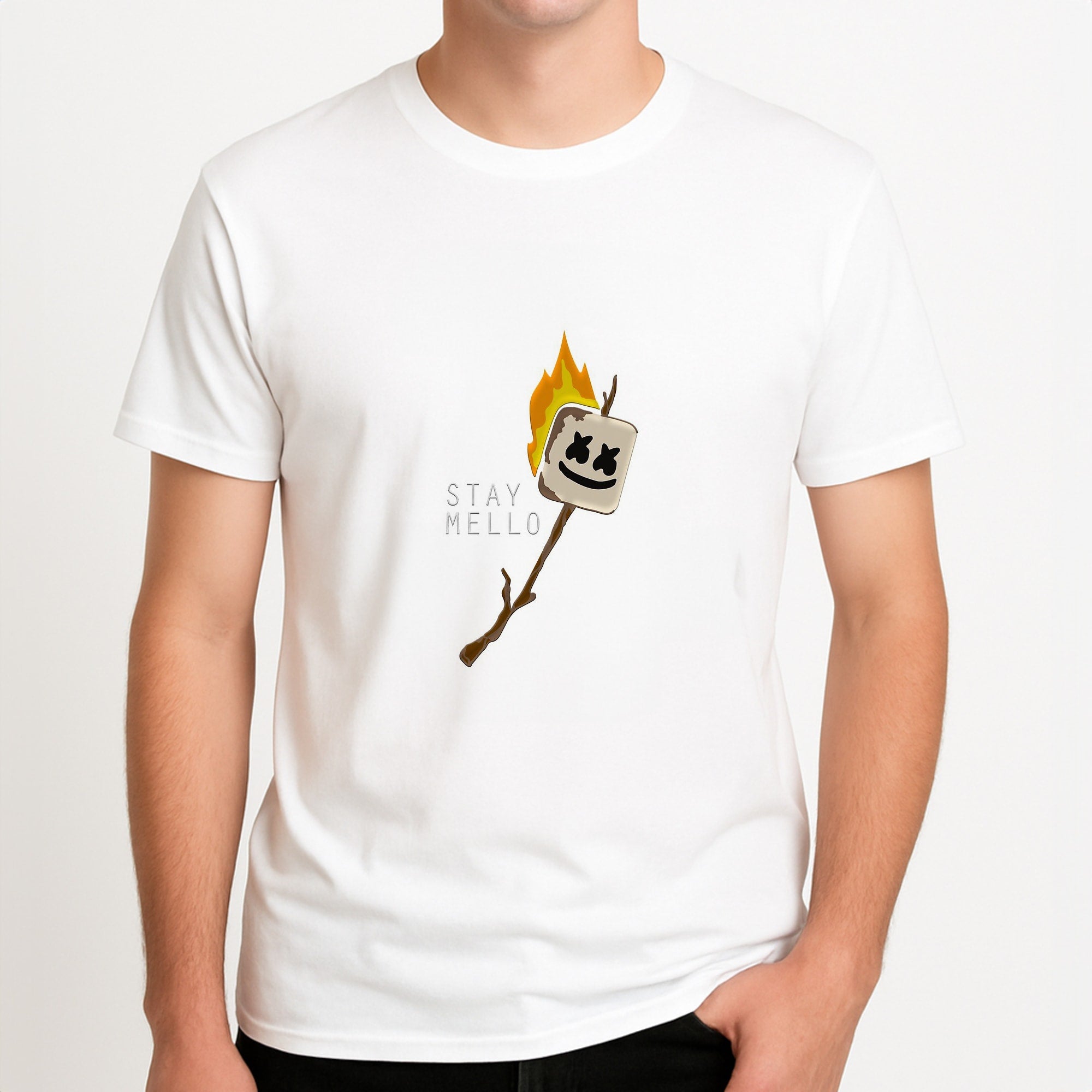 Stay Mello White Helmet DJw - White Helmet DJ Unisex T-Shirt, worn by a male model.