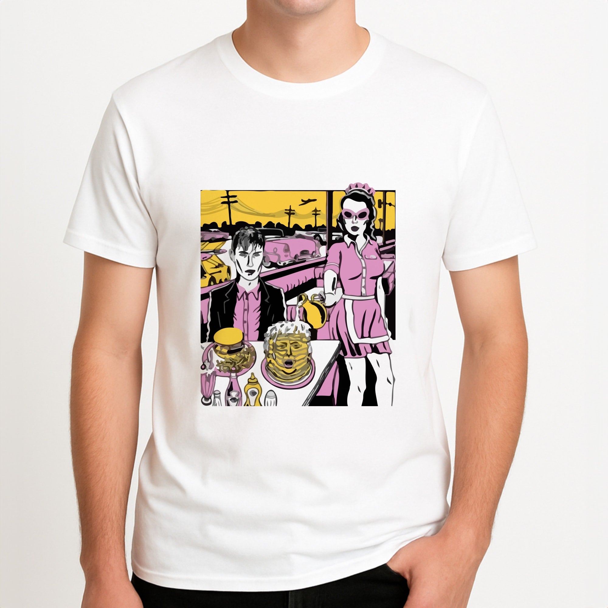 Popart Fender Unisex T-Shirt, worn by a male model.