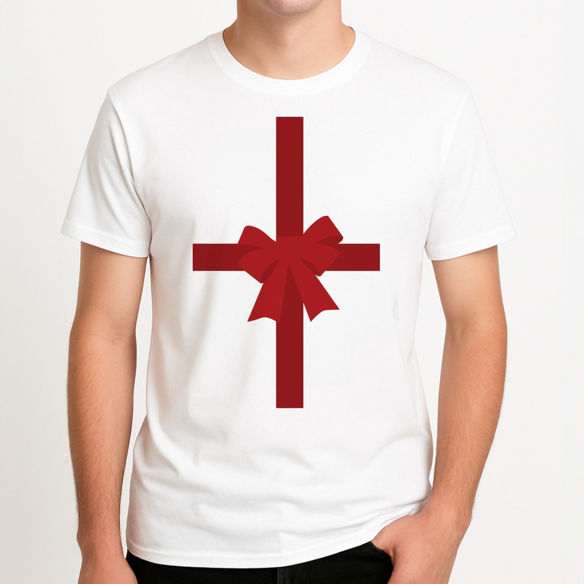 Xmas Bow - Christmas Patterns Unisex T-Shirt, worn by a male model.