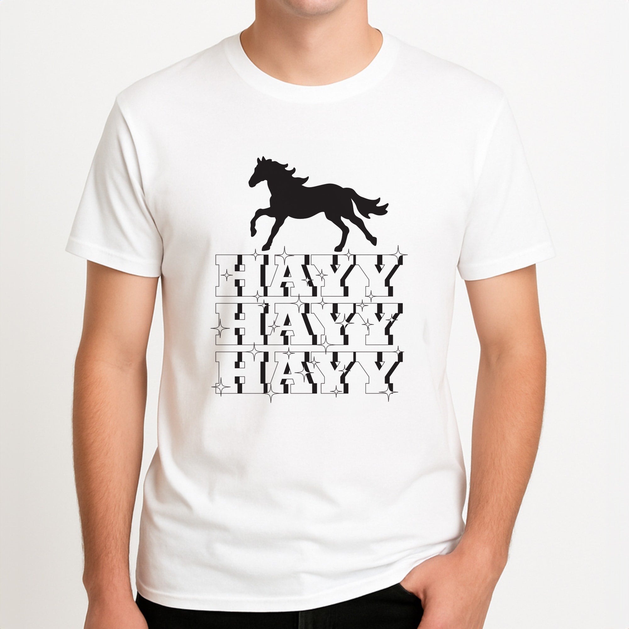 Hayy Hayy Hayy - Horses Unisex T-Shirt, worn by a male model.