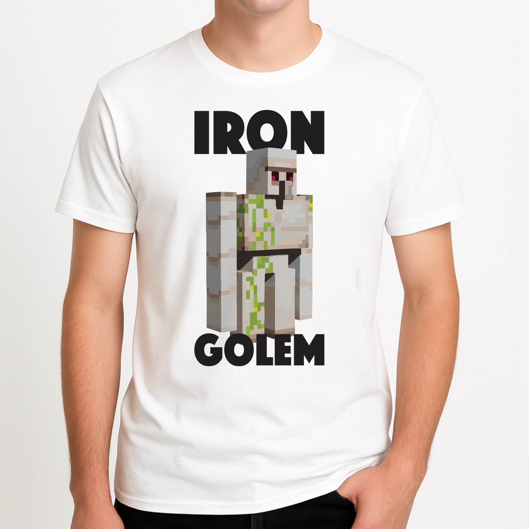 Iron Golem Unisex T-Shirt, worn by a male model.