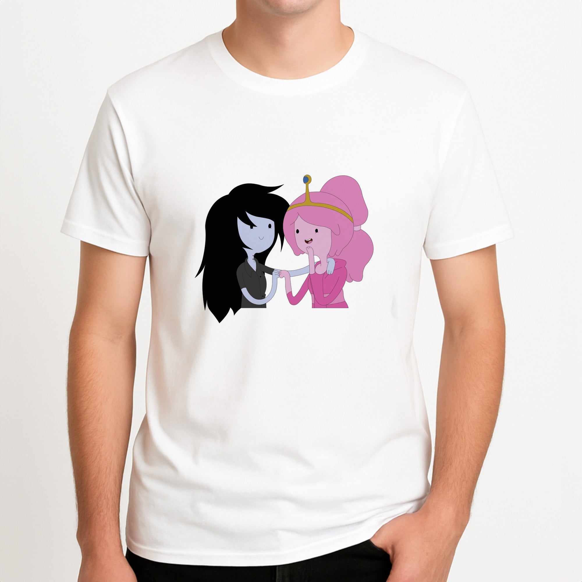 Marceline And Bubblegum Unisex T-Shirt, worn by a male model.