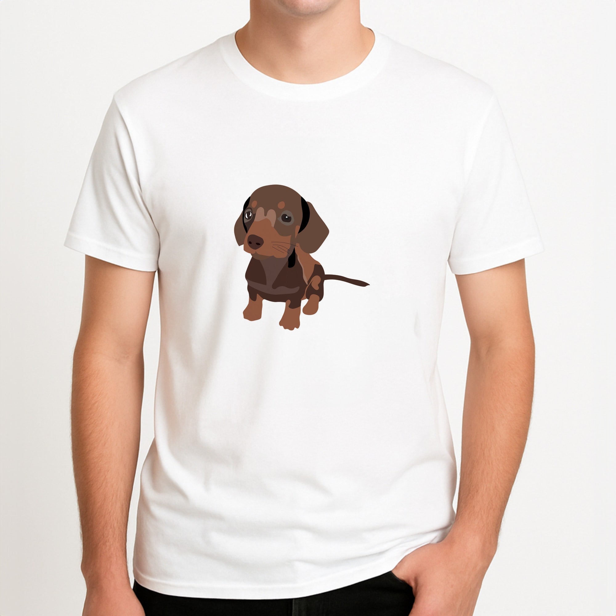 Brown - Dachshunds Unisex T-Shirt, worn by a male model.