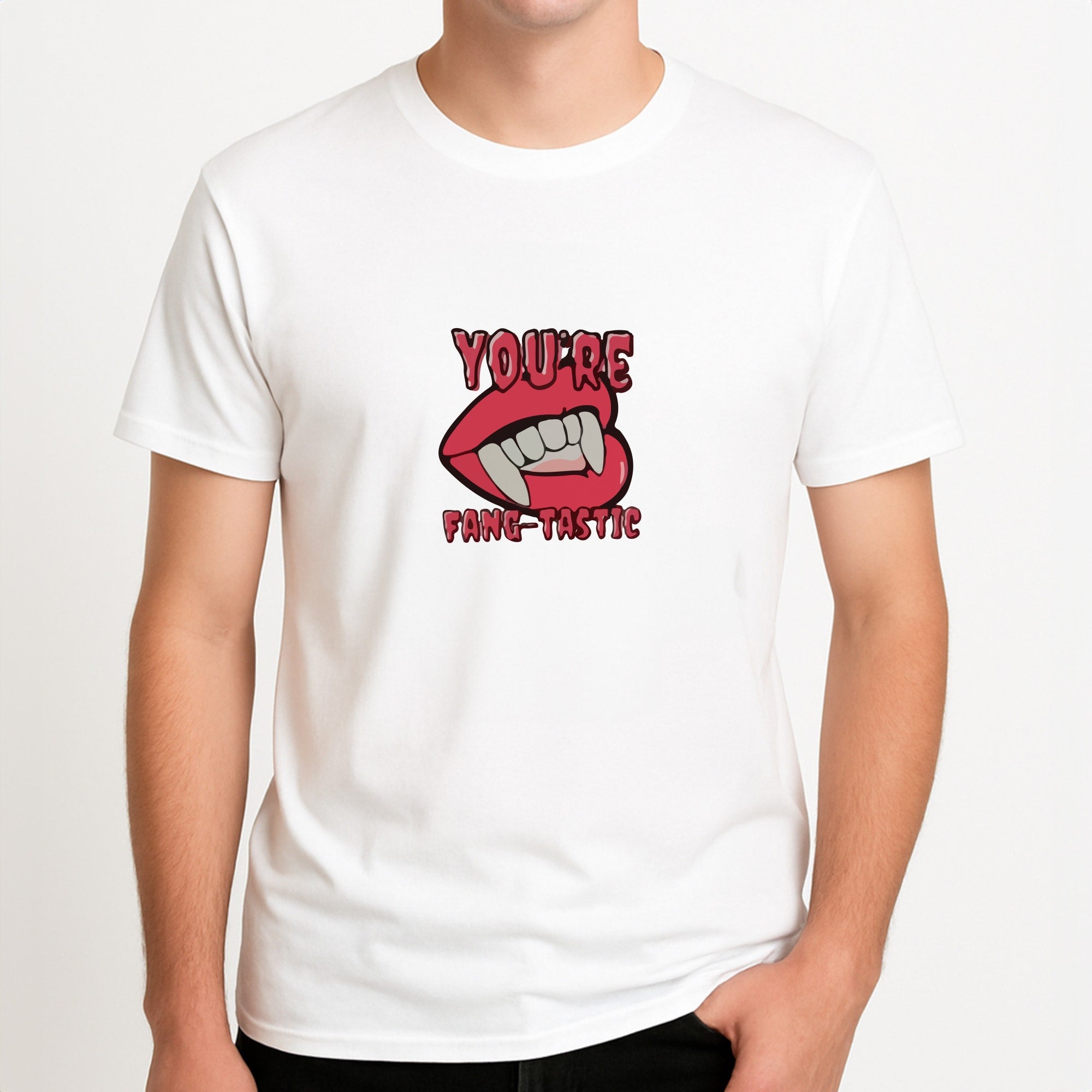 You're Fang-Tastic - Halloween Unisex T-Shirt, worn by a male model.