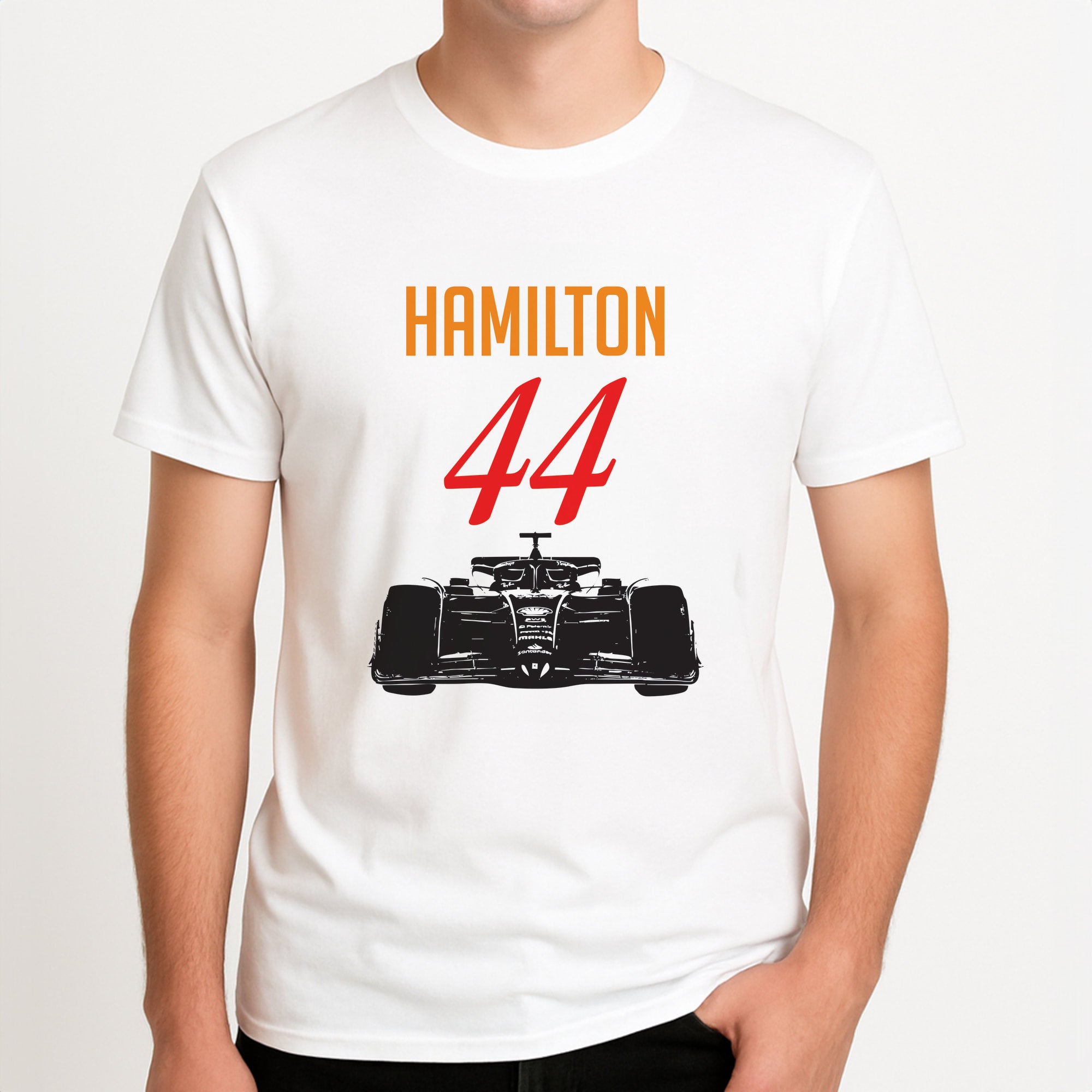 F1 Car Hamilton Unisex T-Shirt, worn by a male model.