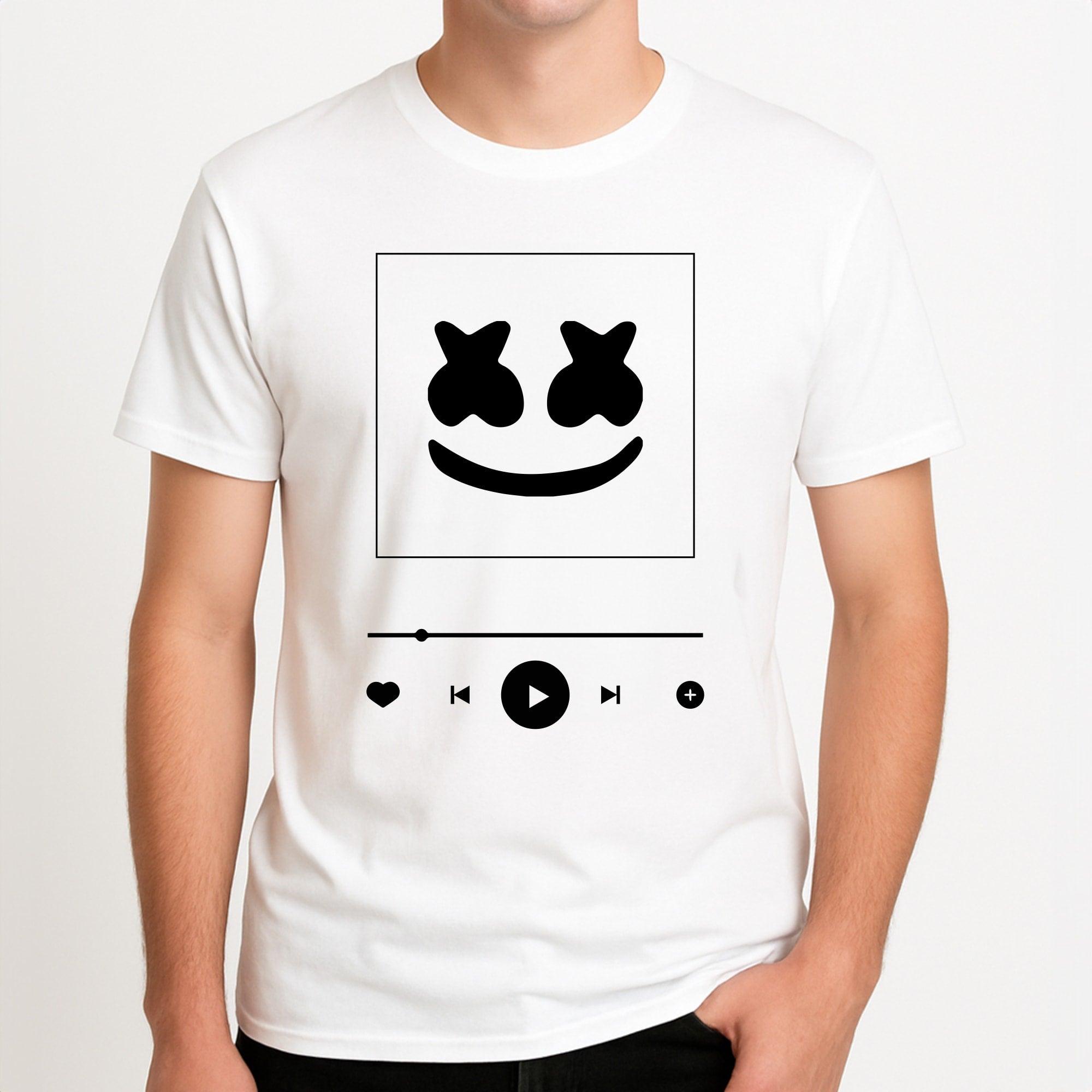 Helmet DJ Album Cover Unisex T-Shirt, worn by a male model.