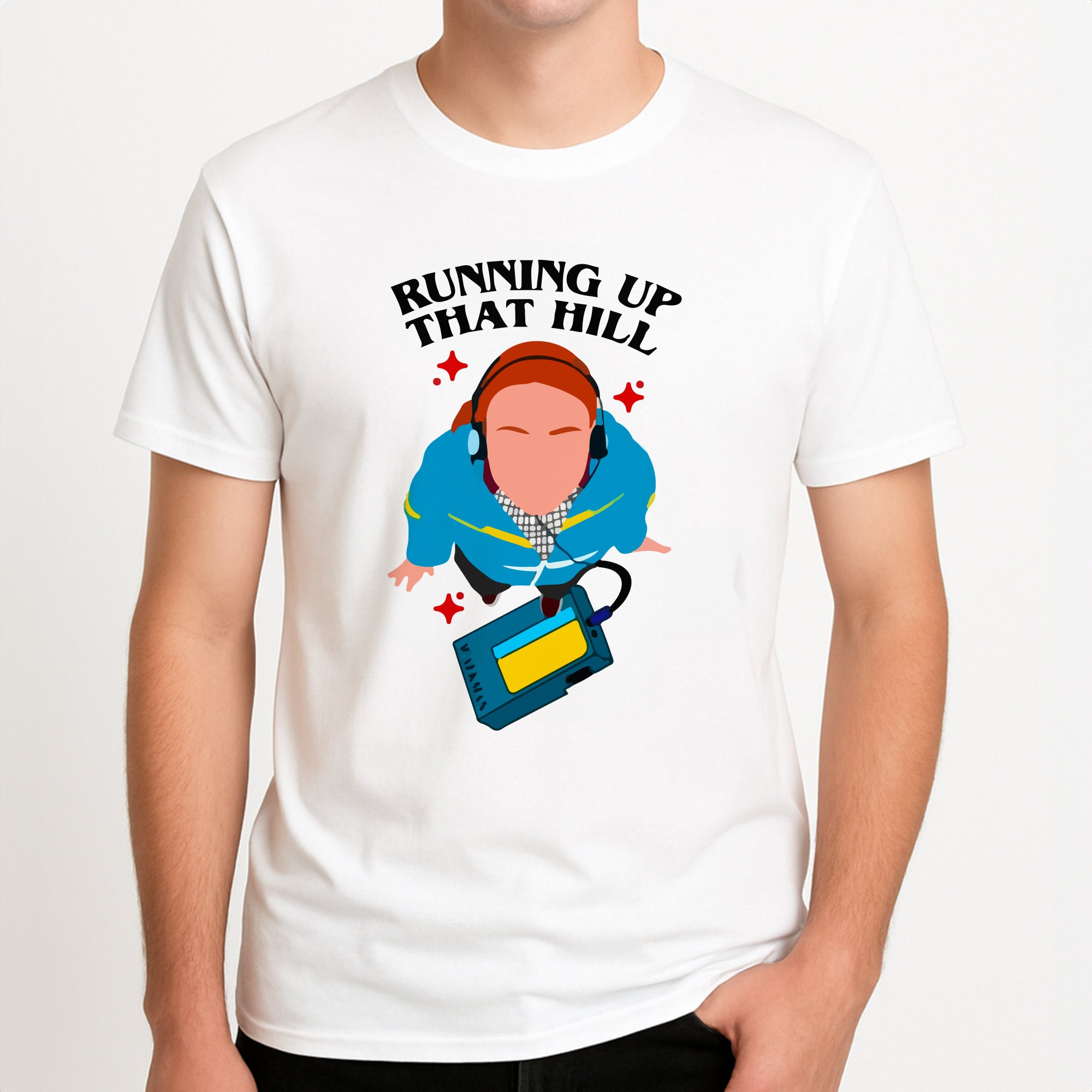 Running Up That Hill Unisex T-Shirt, worn by a male model.