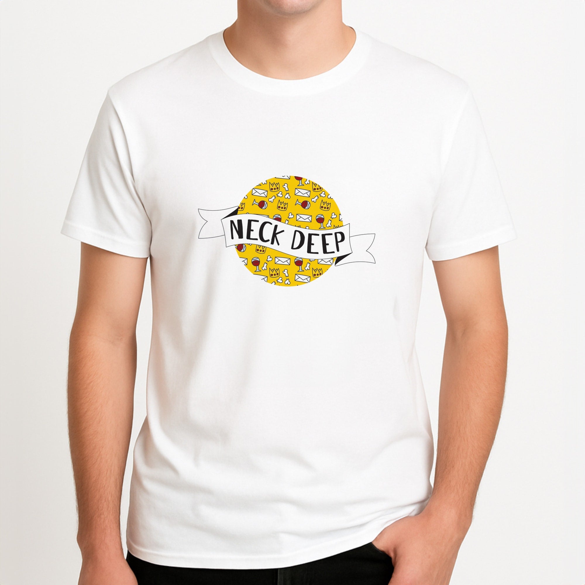 Neck Deep - Festival Unisex T-Shirt, worn by a male model.