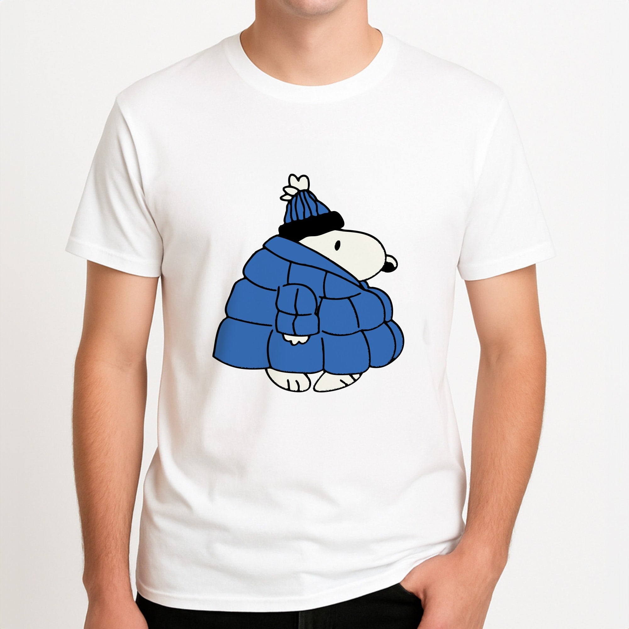Cartoon Beagle Puffer Jacket Blue Unisex T-Shirt, worn by a male model.