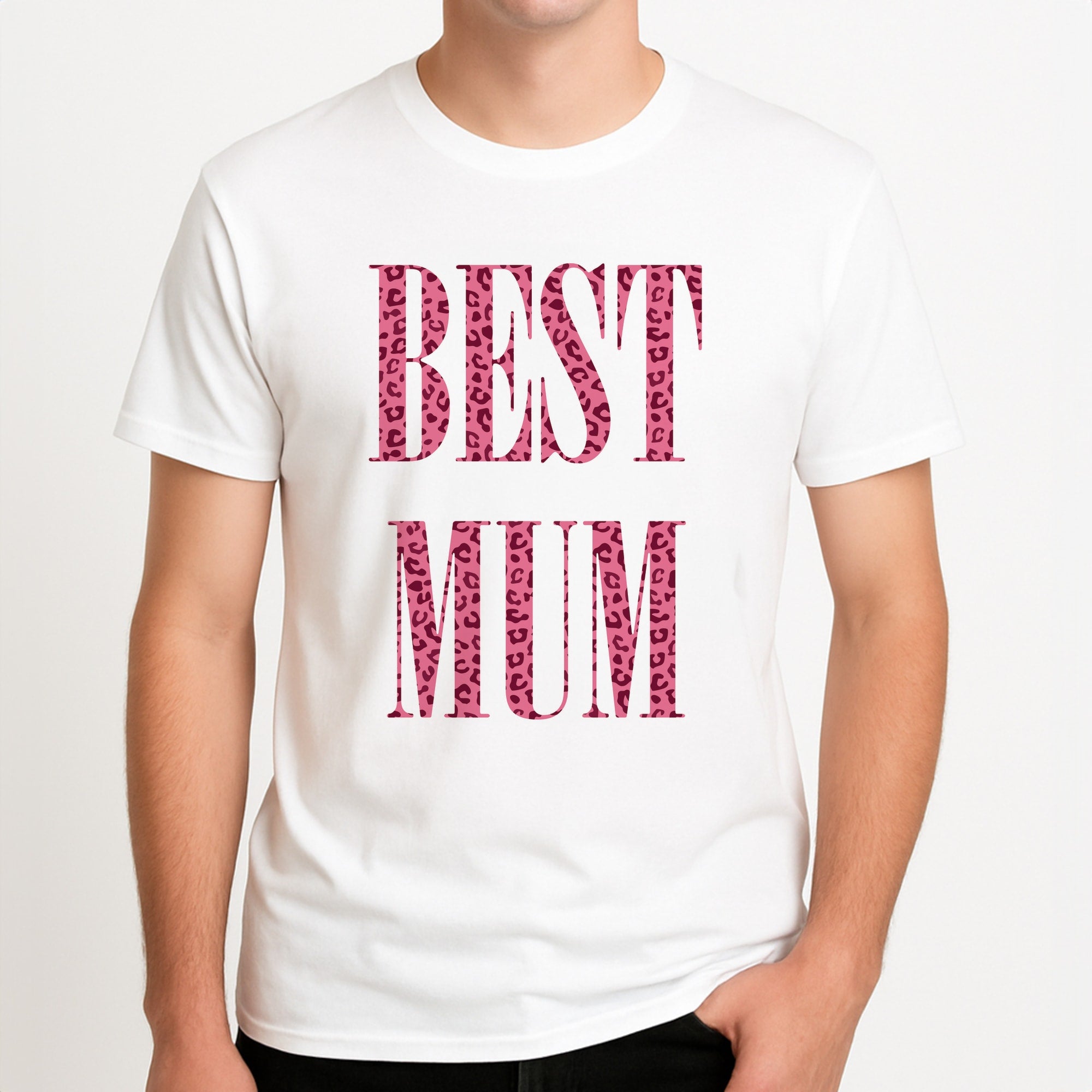 Best Mum Leopard Print Unisex T-Shirt, worn by a male model.