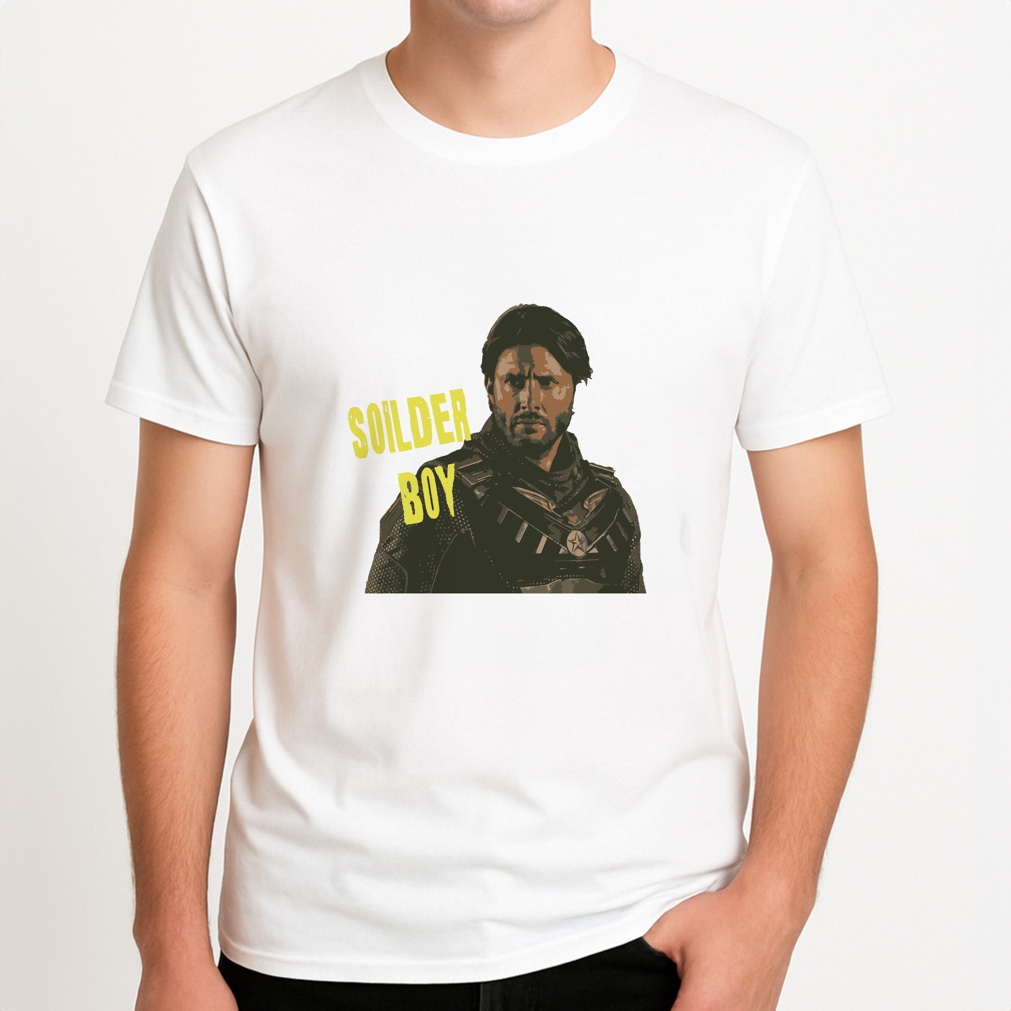 Soldier Boy Unisex T-Shirt, worn by a male model.