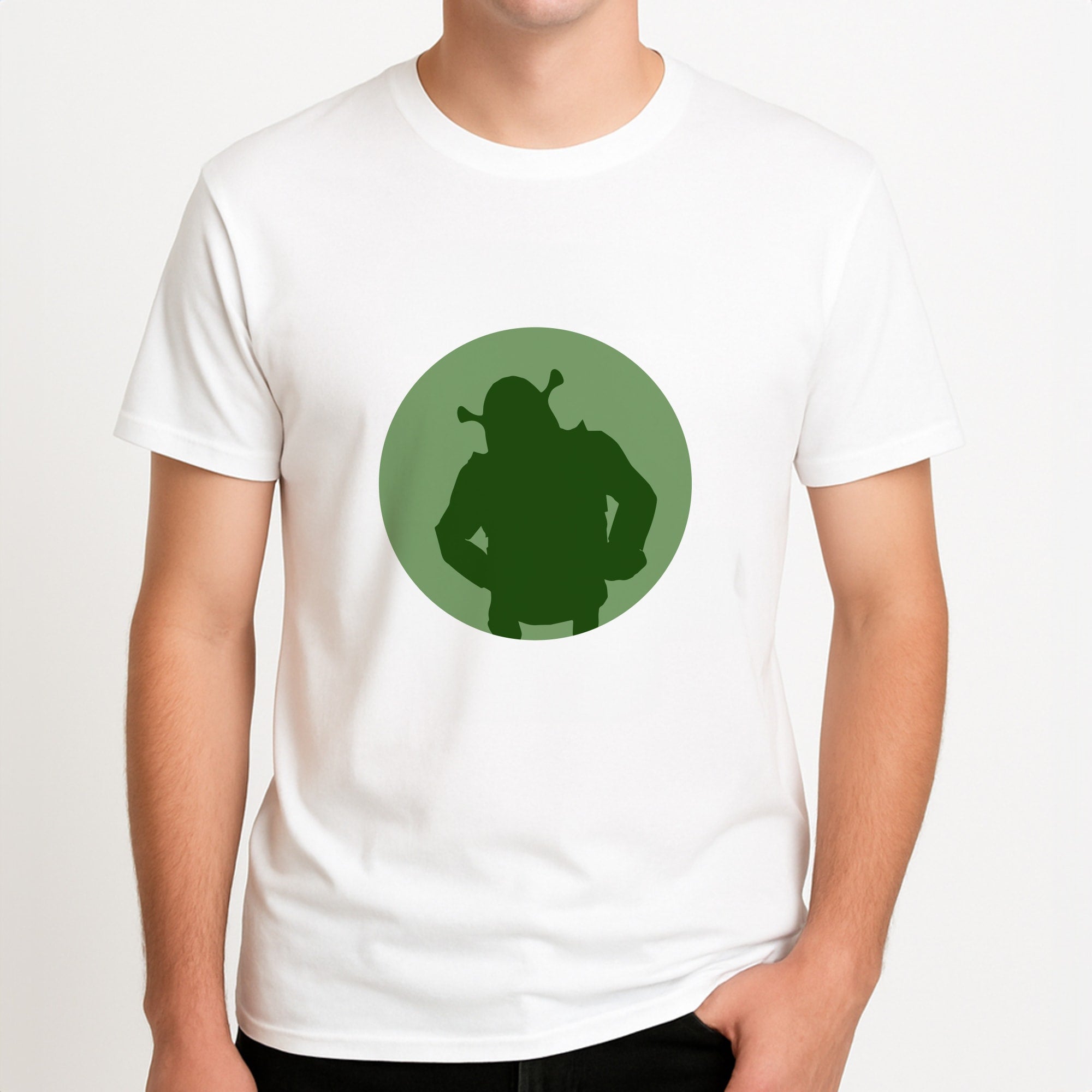 Green Ogre Outline Unisex T-Shirt, worn by a male model.