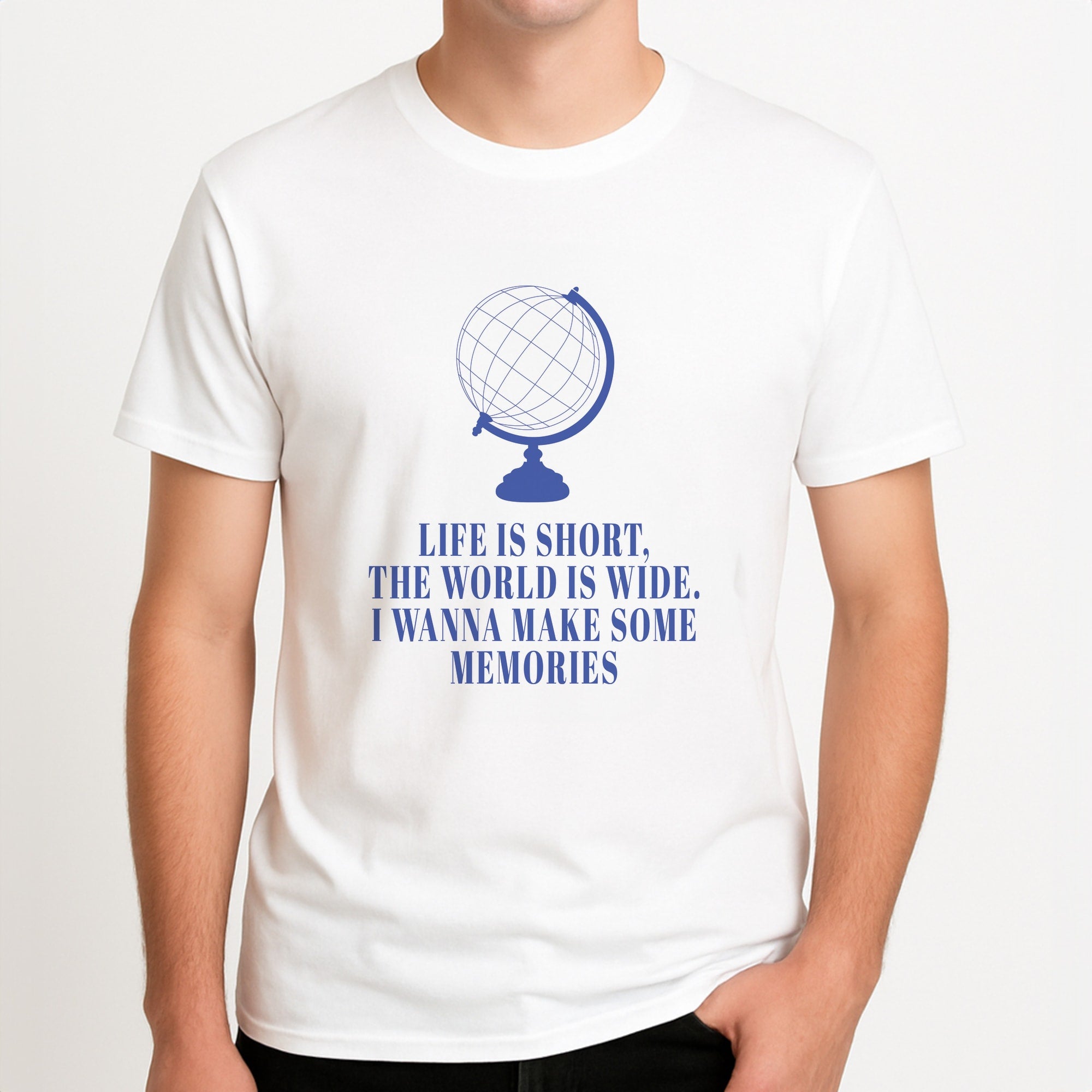 Life Is Short The World Is Wide - Mamma Mia Unisex T-Shirt, worn by a male model.