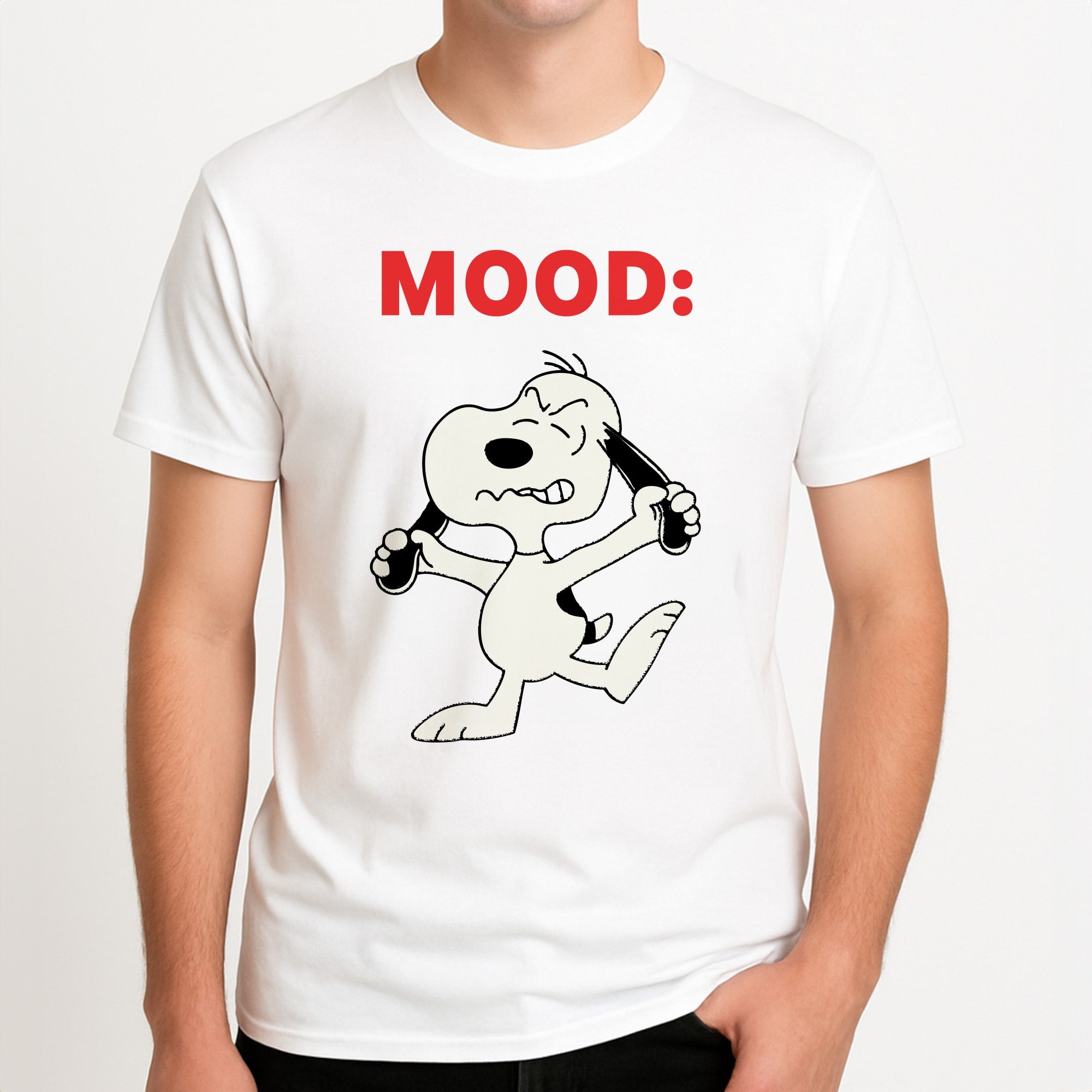 Mood Cartoon Beagle Unisex T-Shirt, worn by a male model.