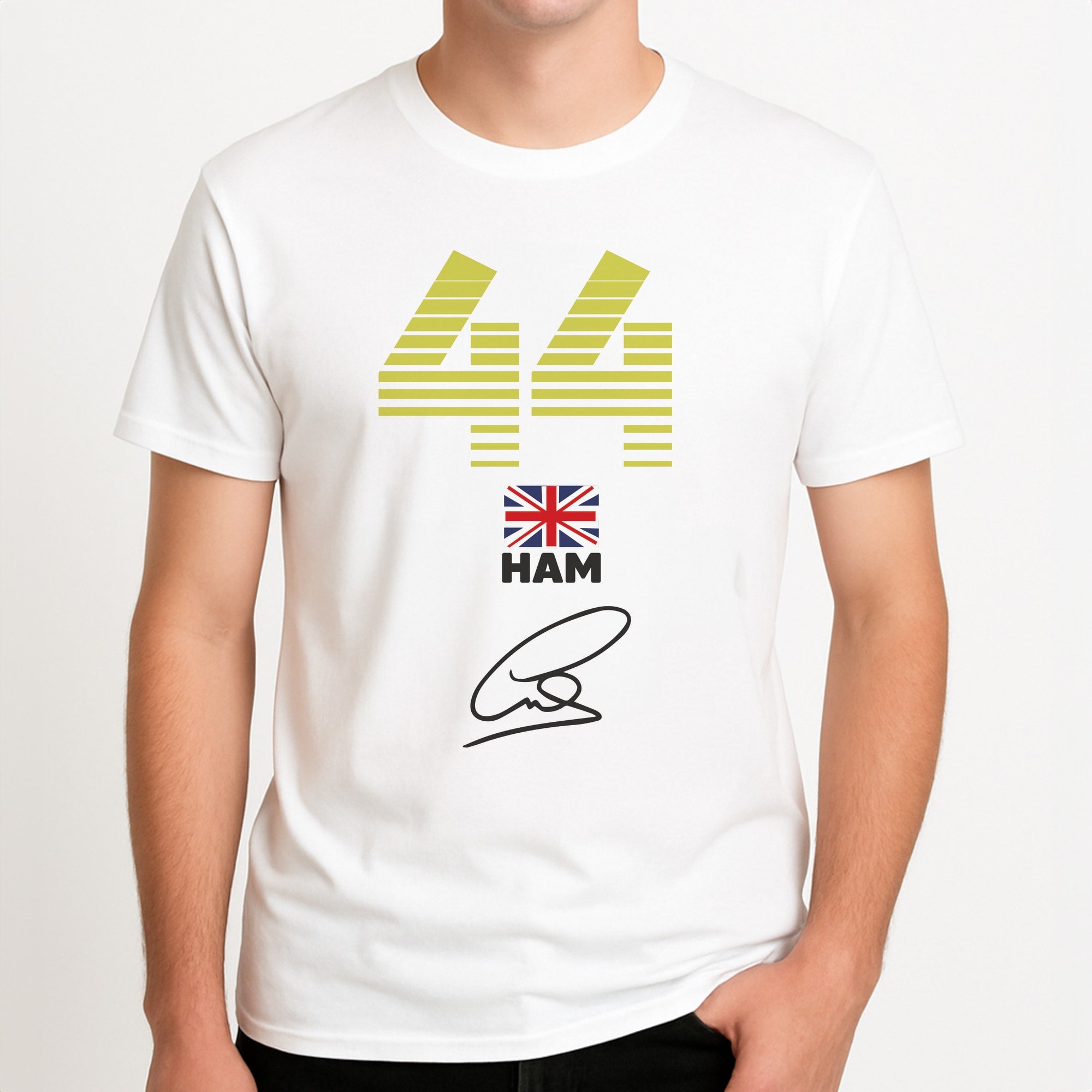 Lewis Hamilton - F1 Unisex T-Shirt, worn by a male model.