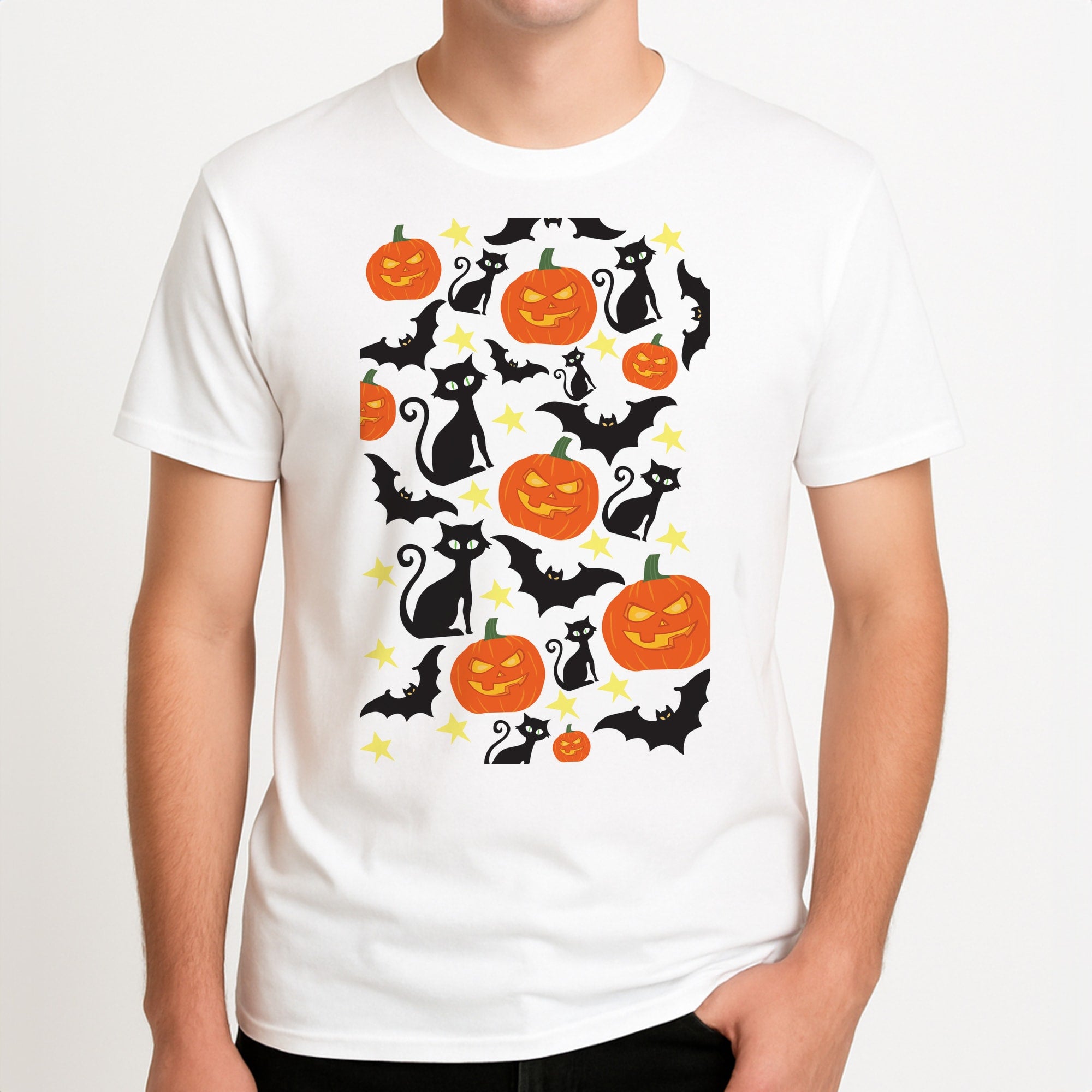 Pumpkin And Cats - Halloween Unisex T-Shirt, worn by a male model.