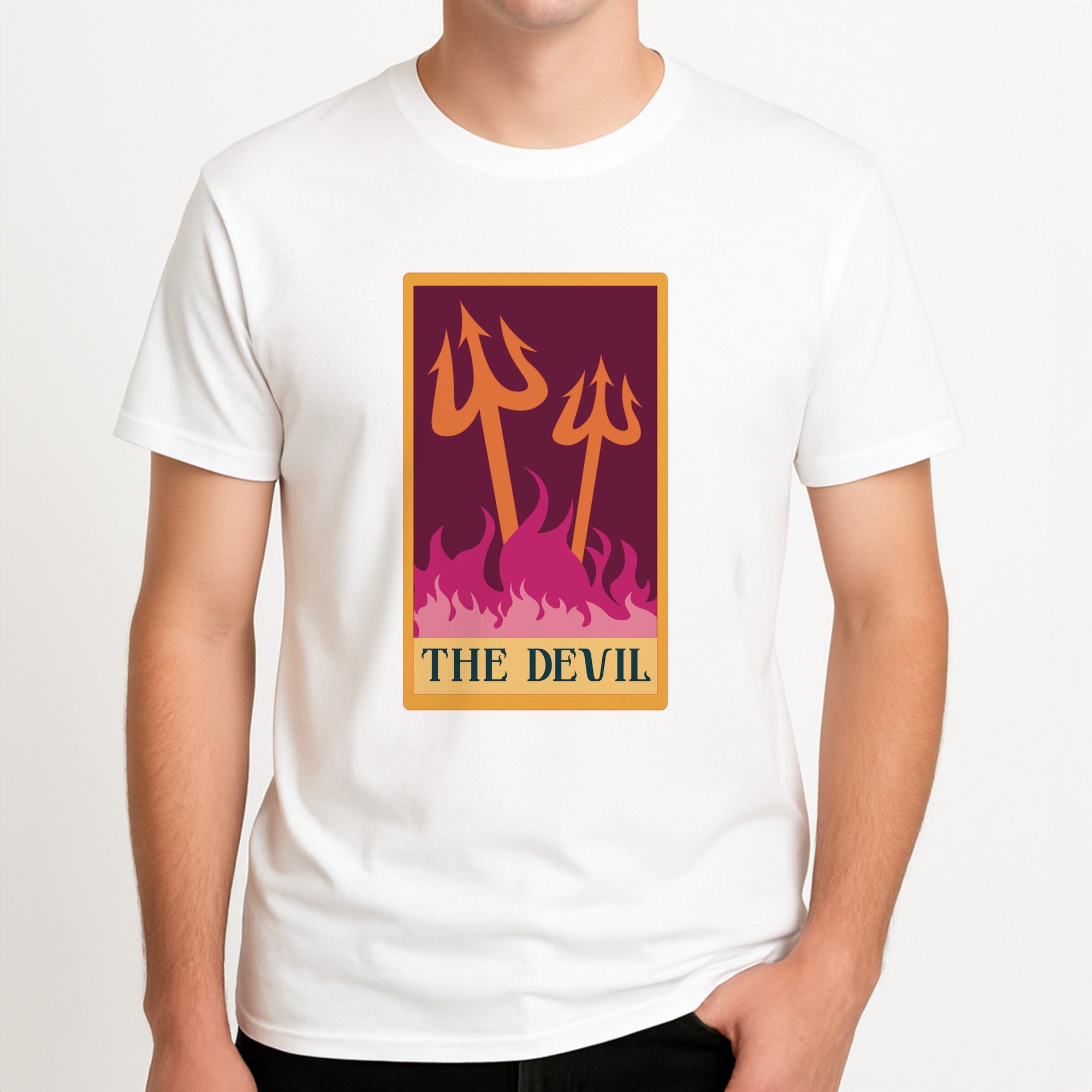 The Devil - Tarot Cards Unisex T-Shirt, worn by a male model.