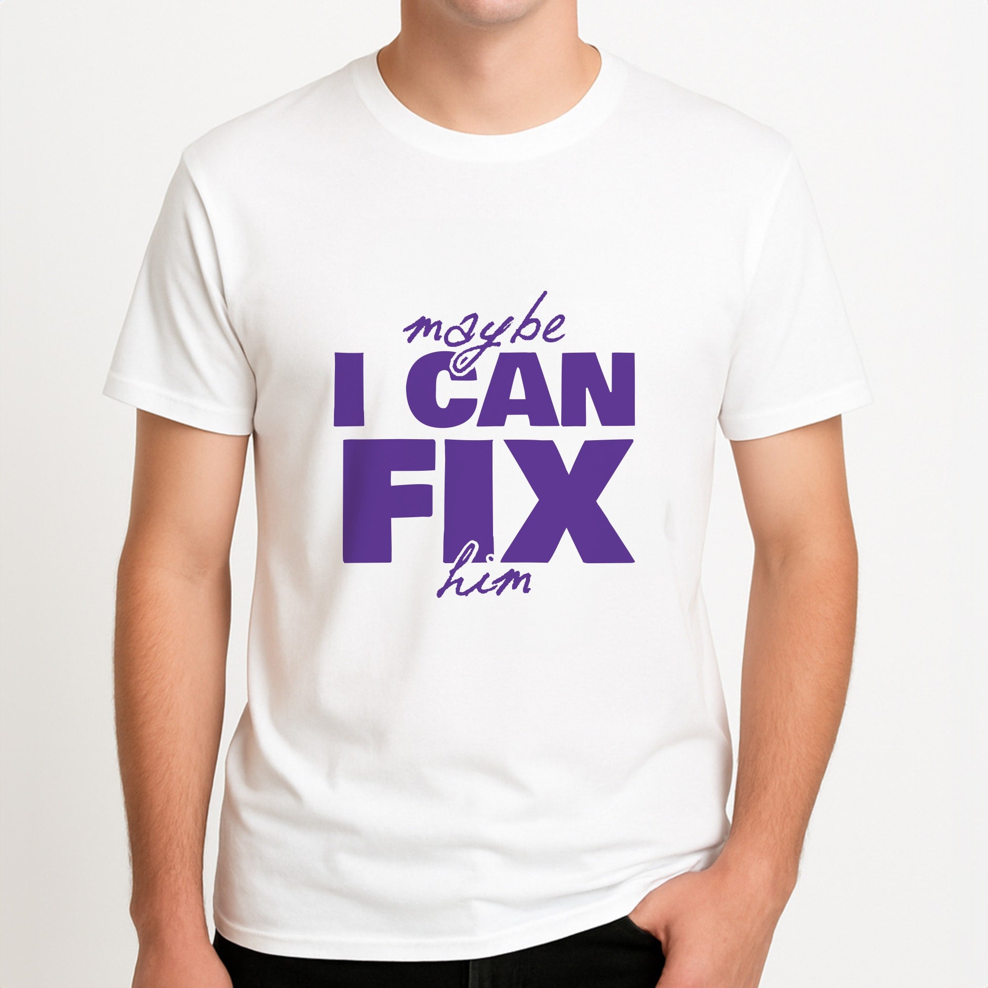 Maybe I Can Fix Him Purple Unisex T-Shirt, worn by a male model.