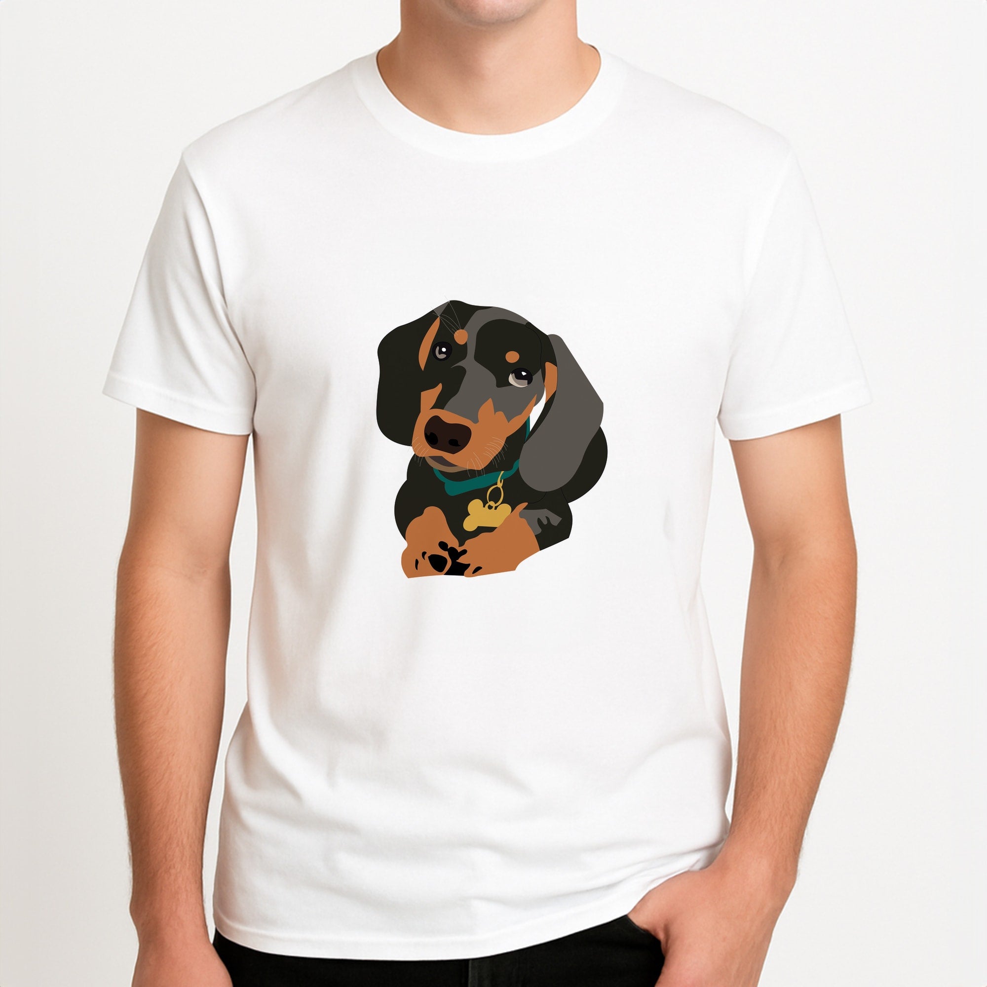 Black & brown - Dachshunds Unisex T-Shirt, worn by a male model.