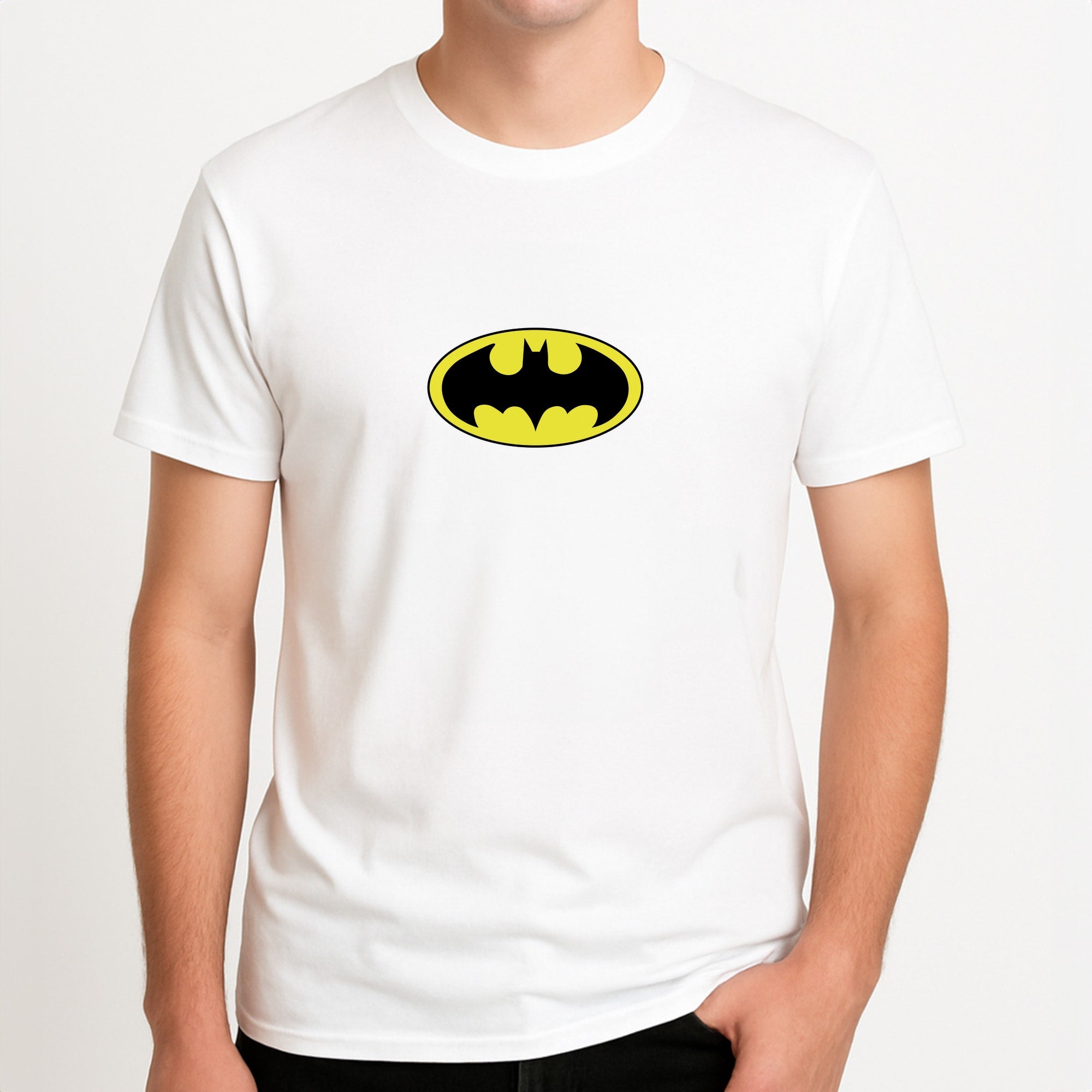 Black Bat Superhero Logo Unisex T-Shirt, worn by a male model.