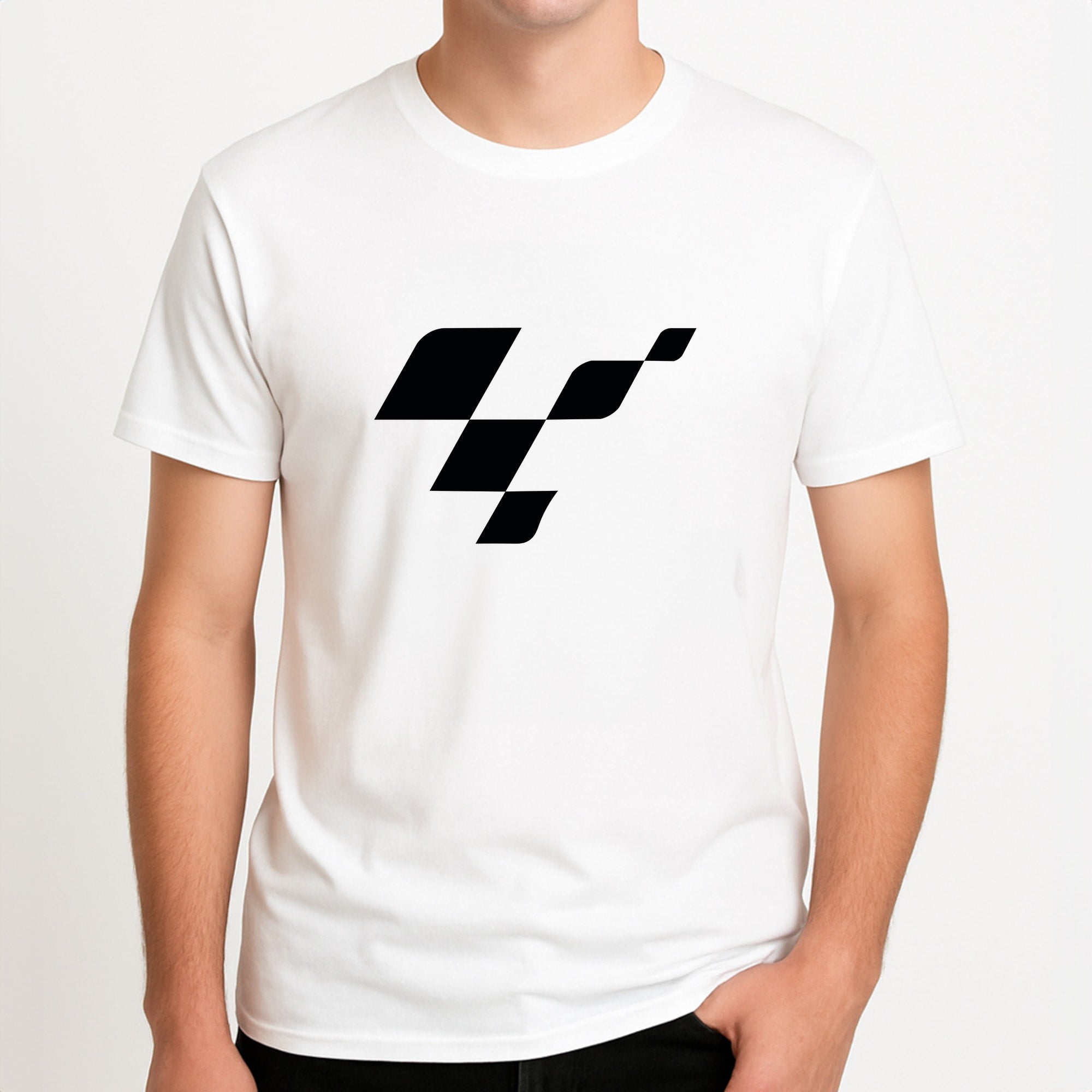 logo - Motorbike Unisex T-Shirt, worn by a male model.