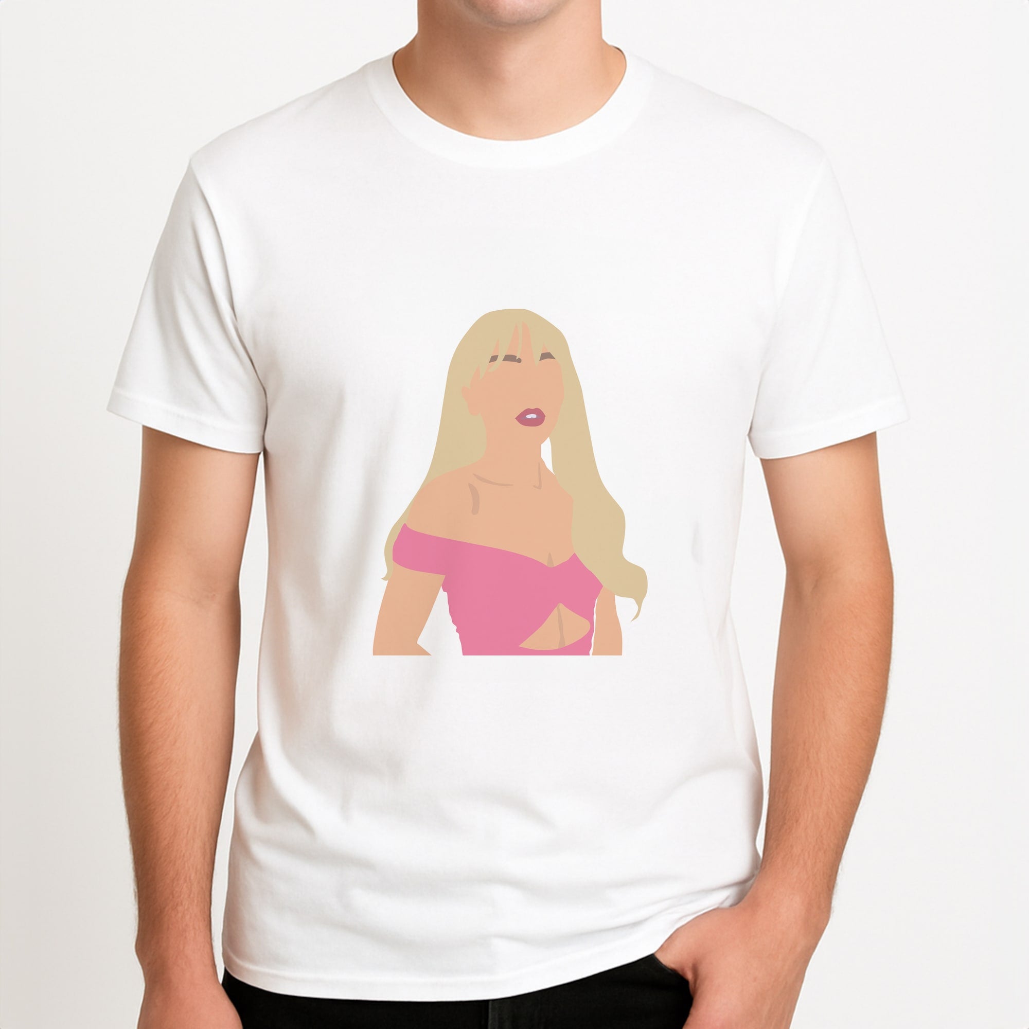 Pink Dress Unisex T-Shirt, worn by a male model.