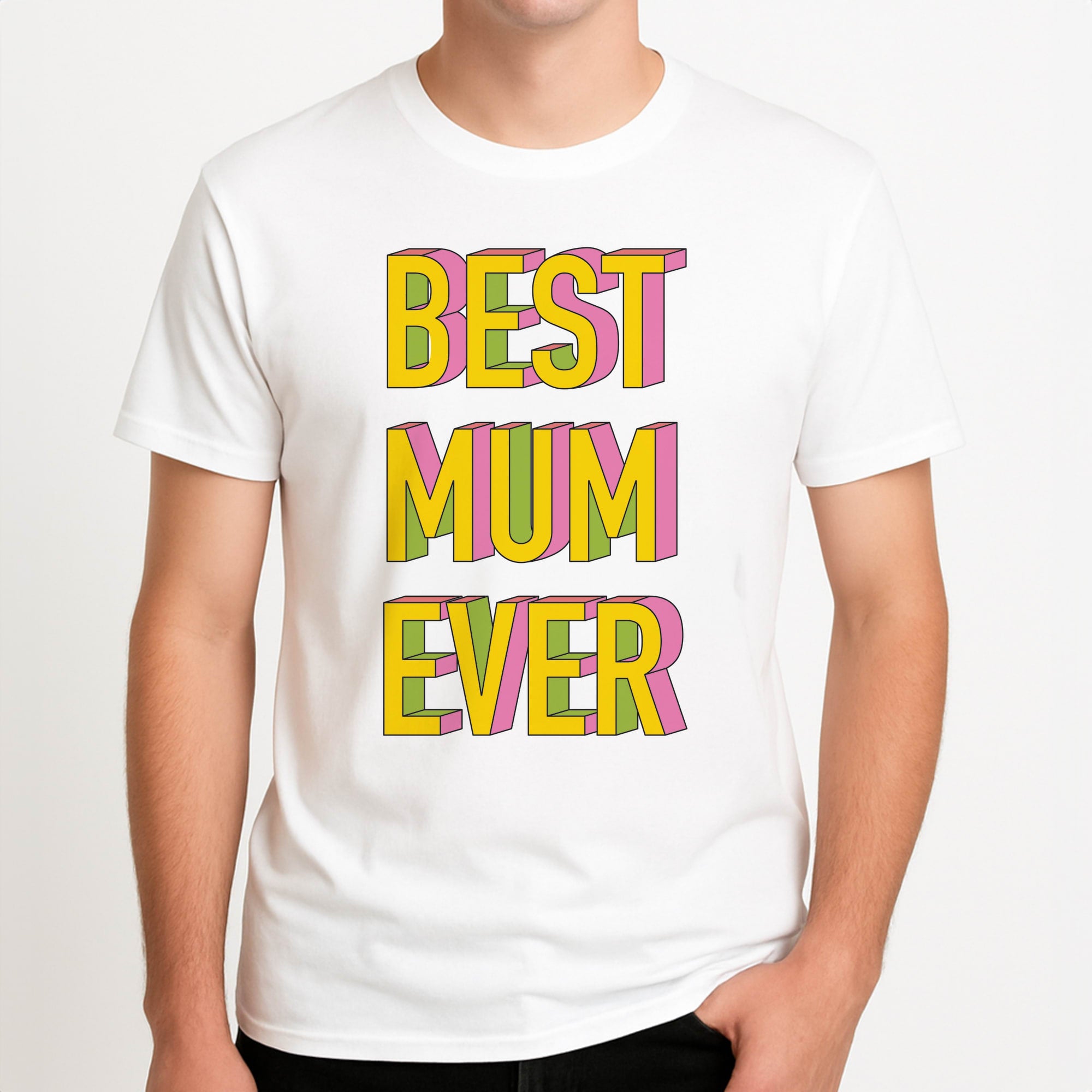 Geometric Best Mum Ever Unisex T-Shirt, worn by a male model.