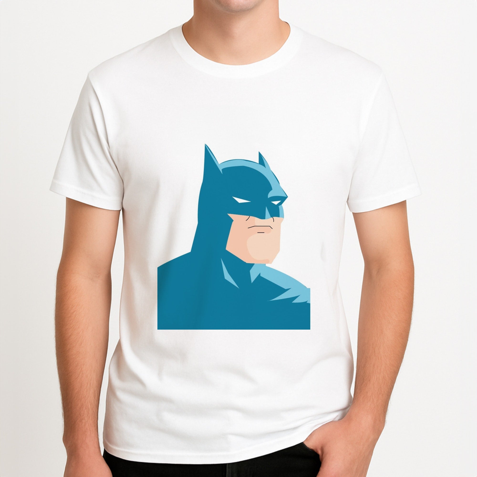 Blue Bat Superhero Unisex T-Shirt, worn by a male model.