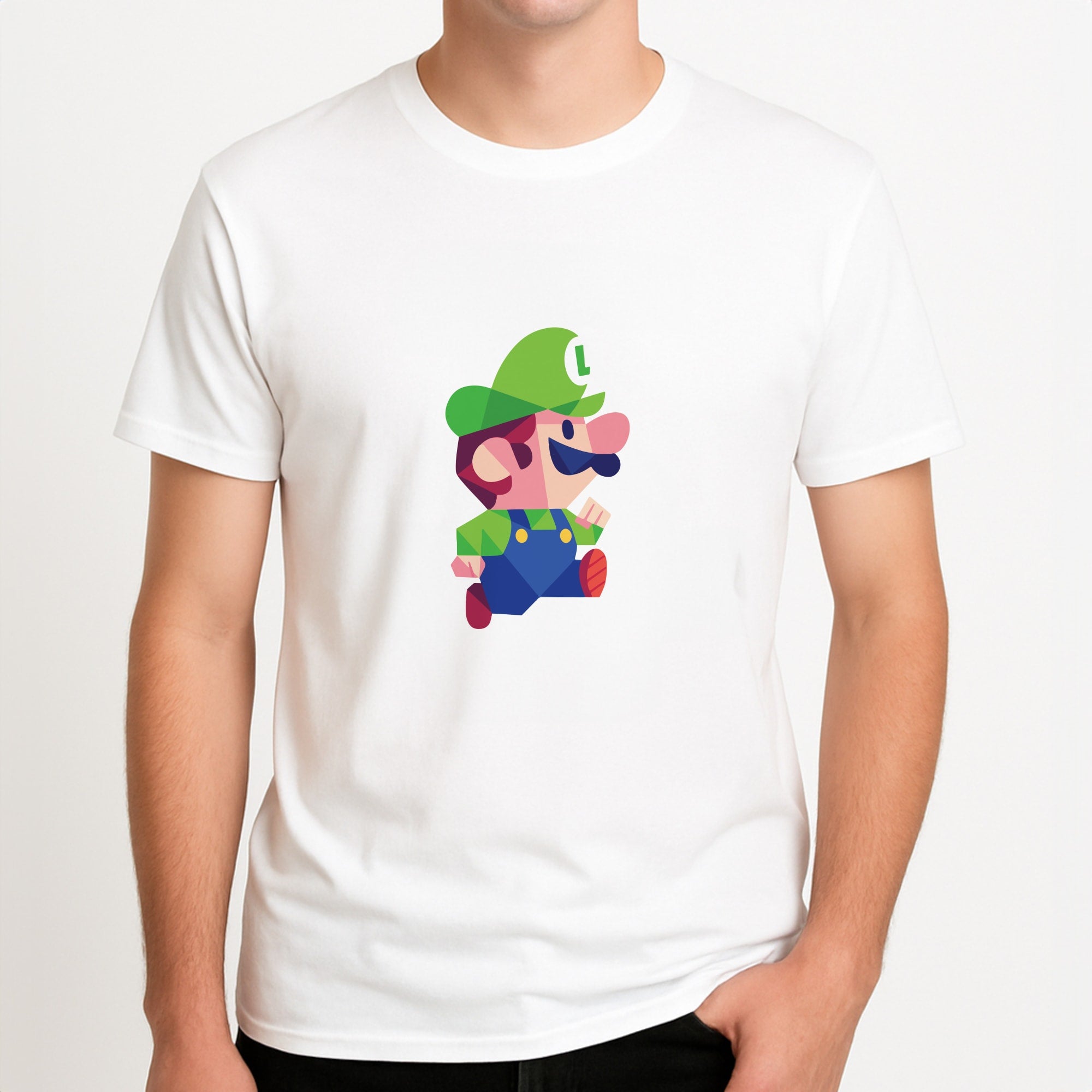 Running Luigi - Mario Unisex T-Shirt, worn by a male model.