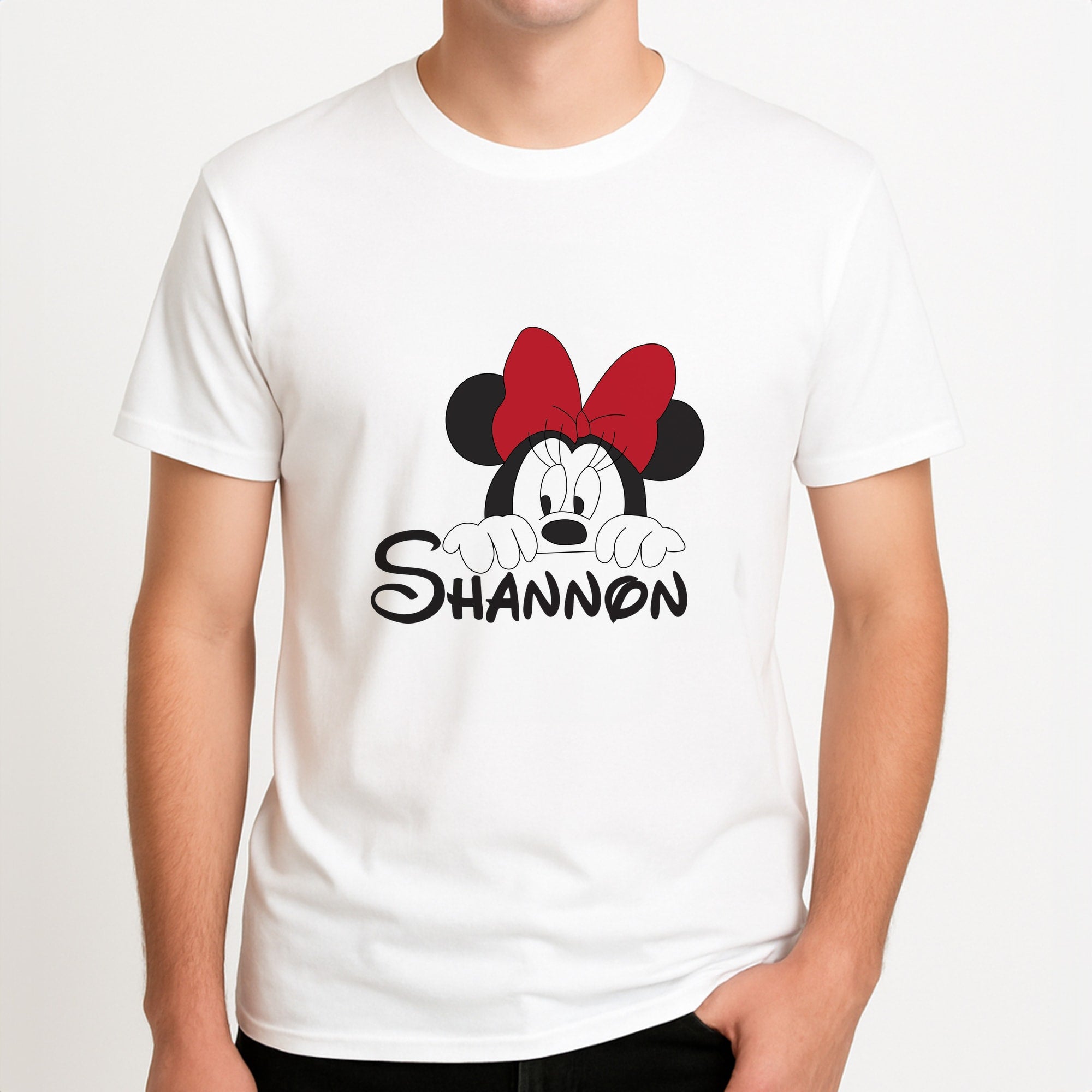 Minnie Mouse - Personalised Fairytale Unisex T-Shirt, worn by a male model.