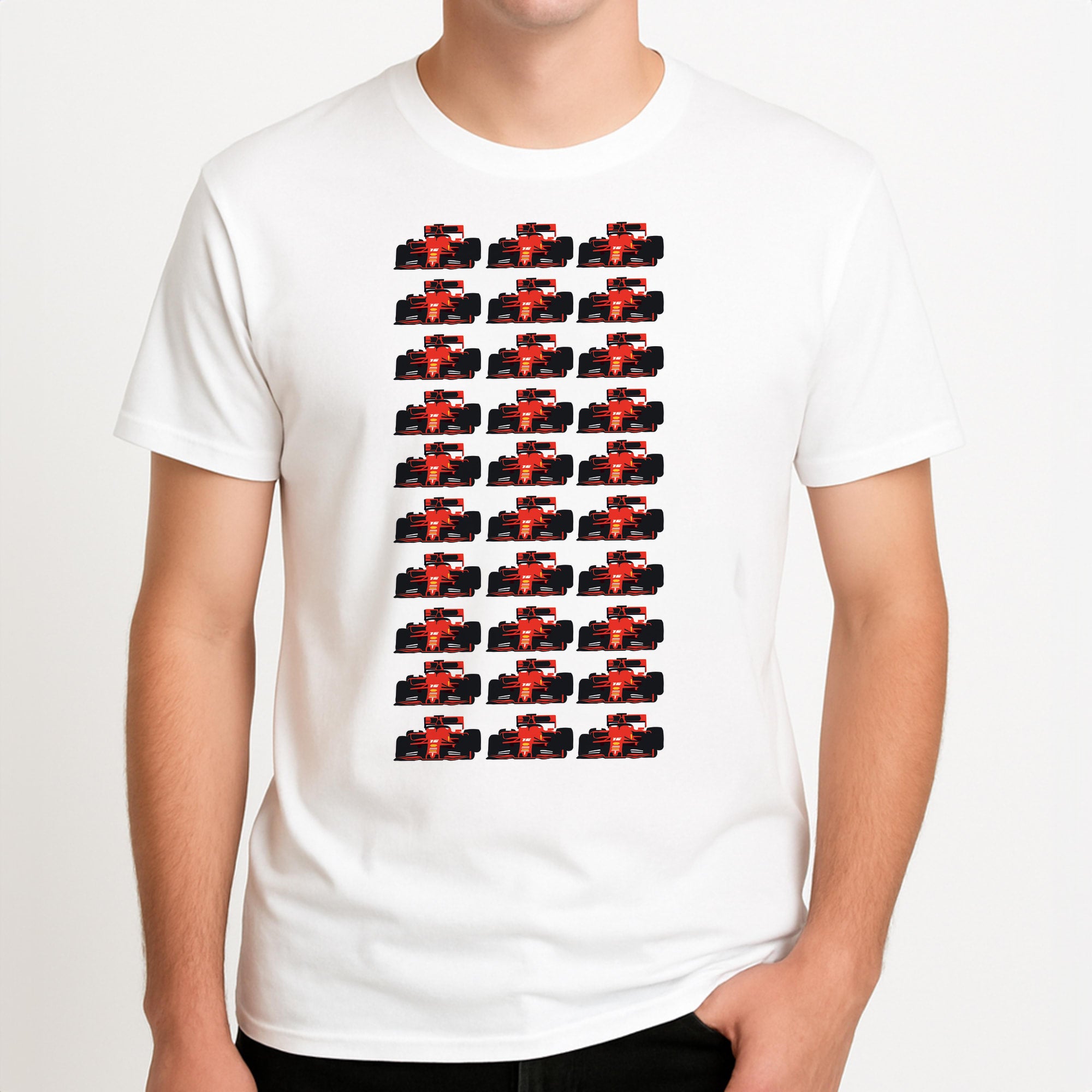 F1 Car Collage Unisex T-Shirt, worn by a male model.