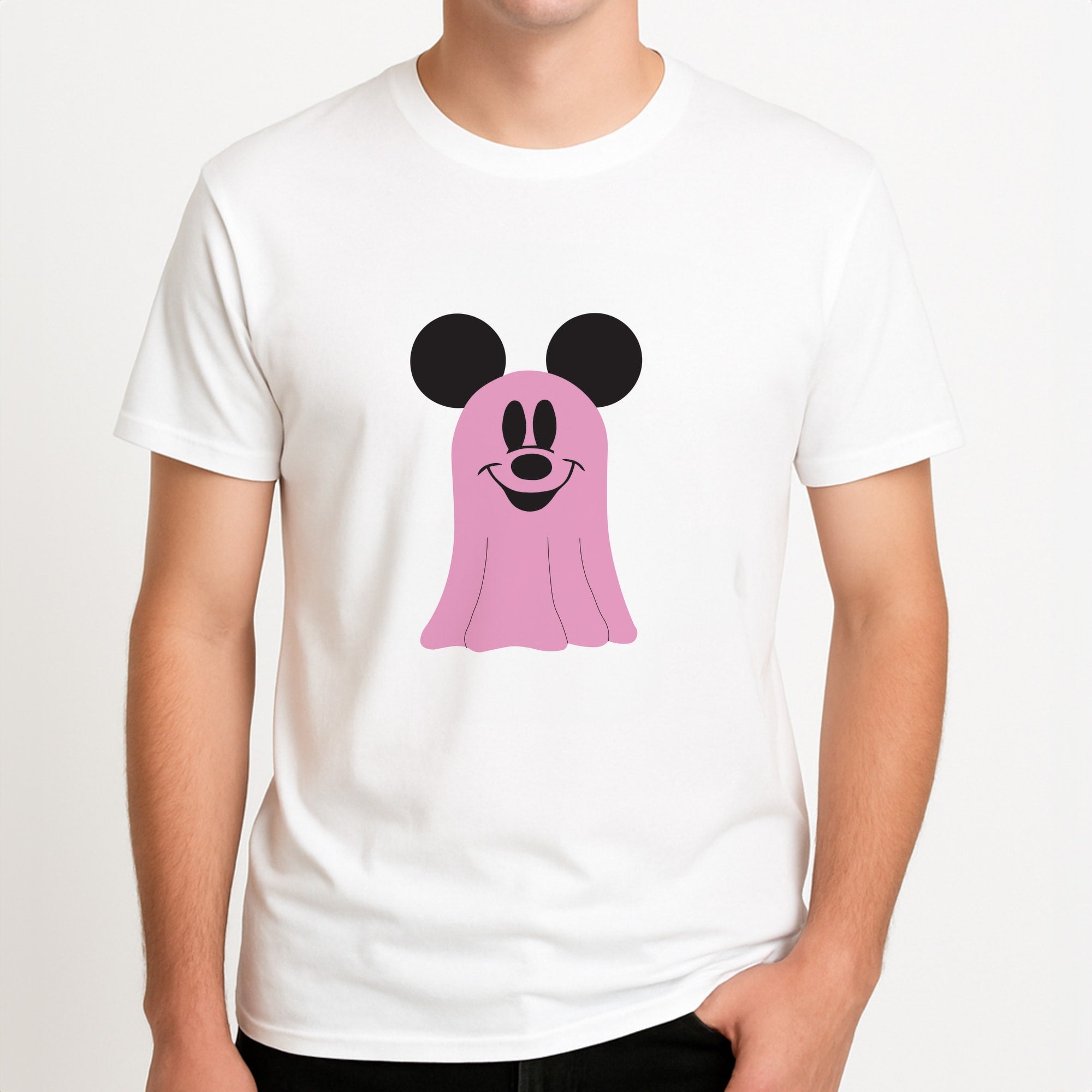 Mouse Ghost Pattern Halloween Unisex T-Shirt, worn by a male model.