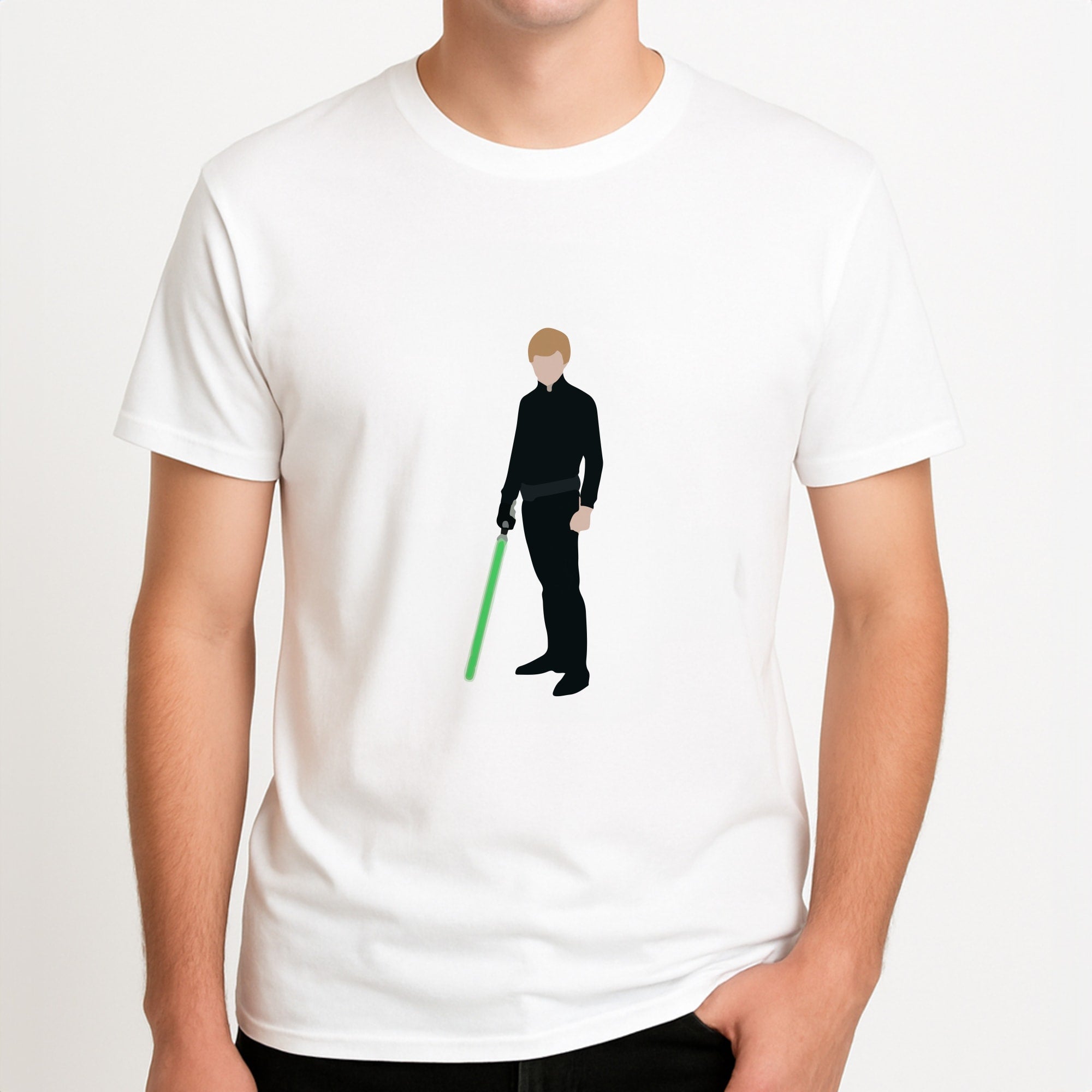 Skywalker Green Lightsaber Unisex T-Shirt, worn by a male model.