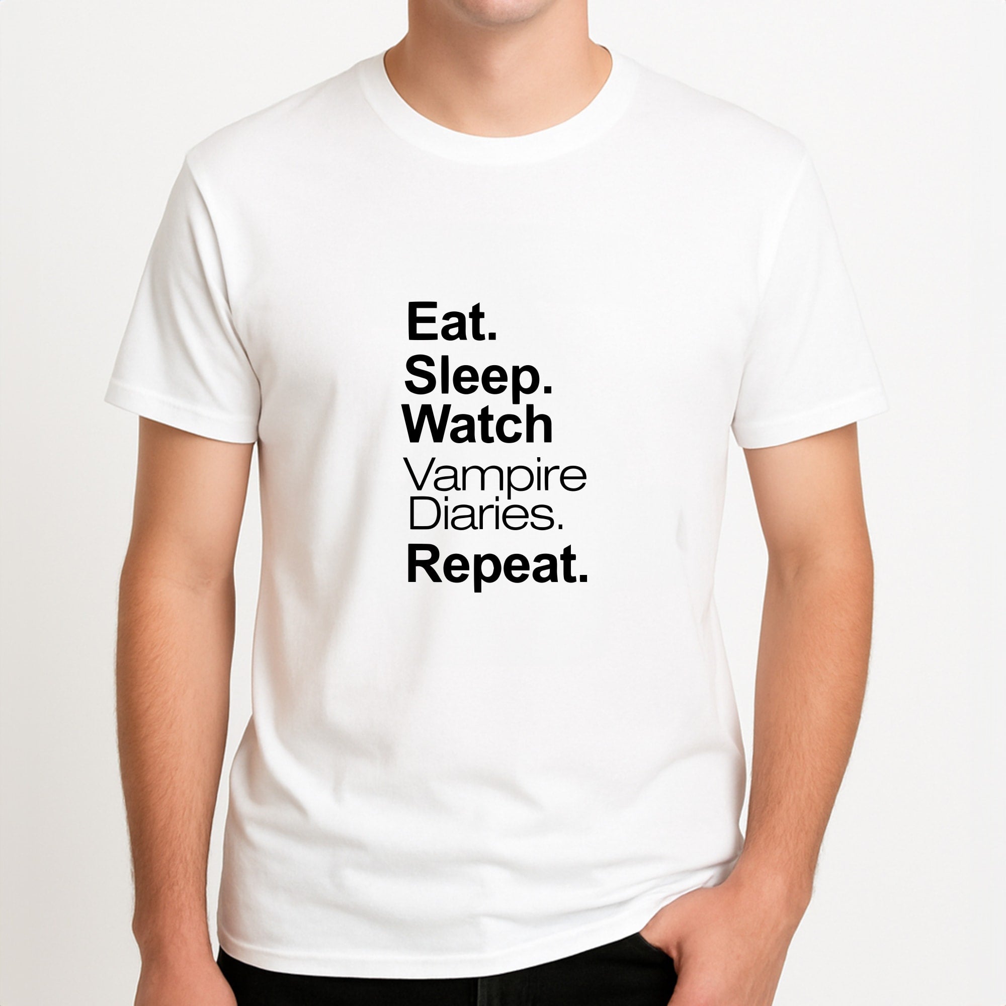 Eat Sleep Watch VPD Repeat Unisex T-Shirt, worn by a male model.