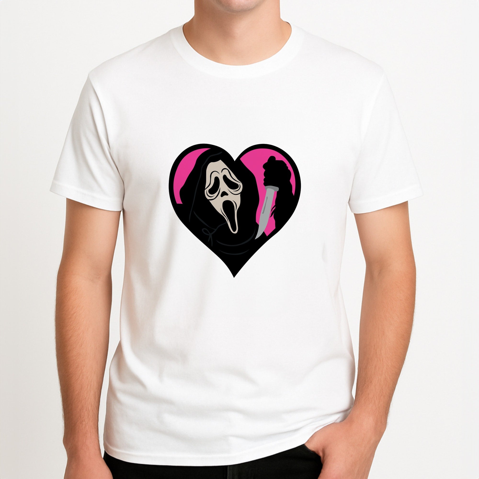 Heart face - Halloween Unisex T-Shirt, worn by a male model.